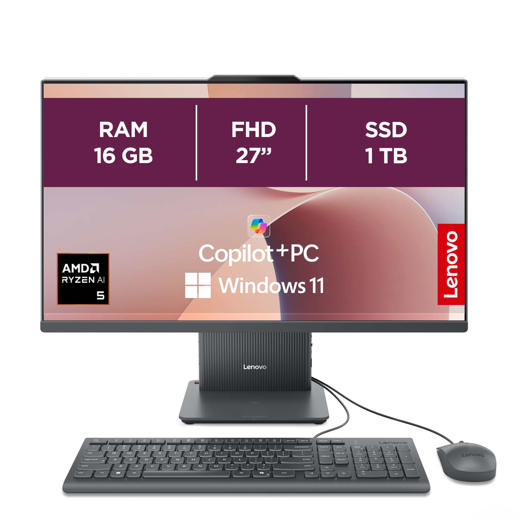 Lenovo IdeaCentre All-In-One AI PC | 27" Full HD Display | AMD Ryzen AI 5 330 | 16GB RAM | 1TB SSD | AMD Radeon 820M Grafik | Windows 11 | Inkl. Maus und Tastatur | Grau | 3 Monate Premium Care