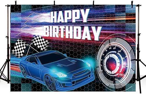 Miniatura 3 de MEHOFOND Telón de fondo de 8 x 6 pies, fondo azul para fotos de fiesta de carreras para niños, decoración de fiesta de coches, pancarta azul de