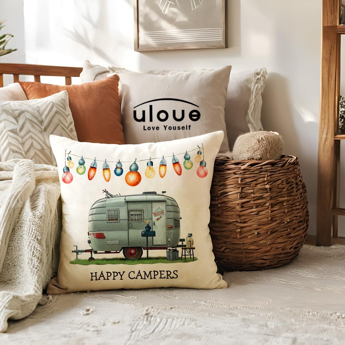 ULOVE LOVE YOURSELF Camper Throw Pillow Cover 18 x 18 Inch Happy Campers Decorative Pillowcases Camper Accessories for Travel Trailers RV Camping Gifts (Green) image 3