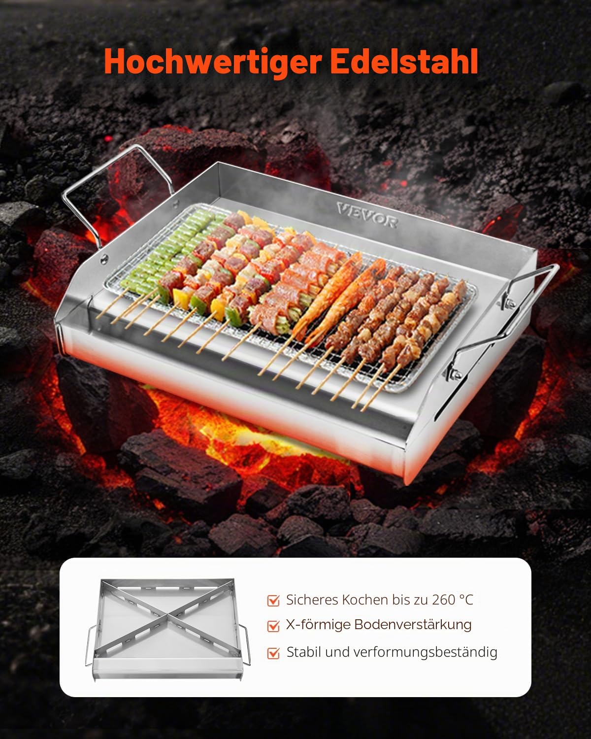 VEVOR Grillplatte Grillpfanne Edelstahl universelle rechteckige Platte (425x270mm) mit flacher Oberseite, Gasgrill-Grillplatte für BBQ-Grill Teppanyaki, tragbares Familienkochgeschirr mit Griff