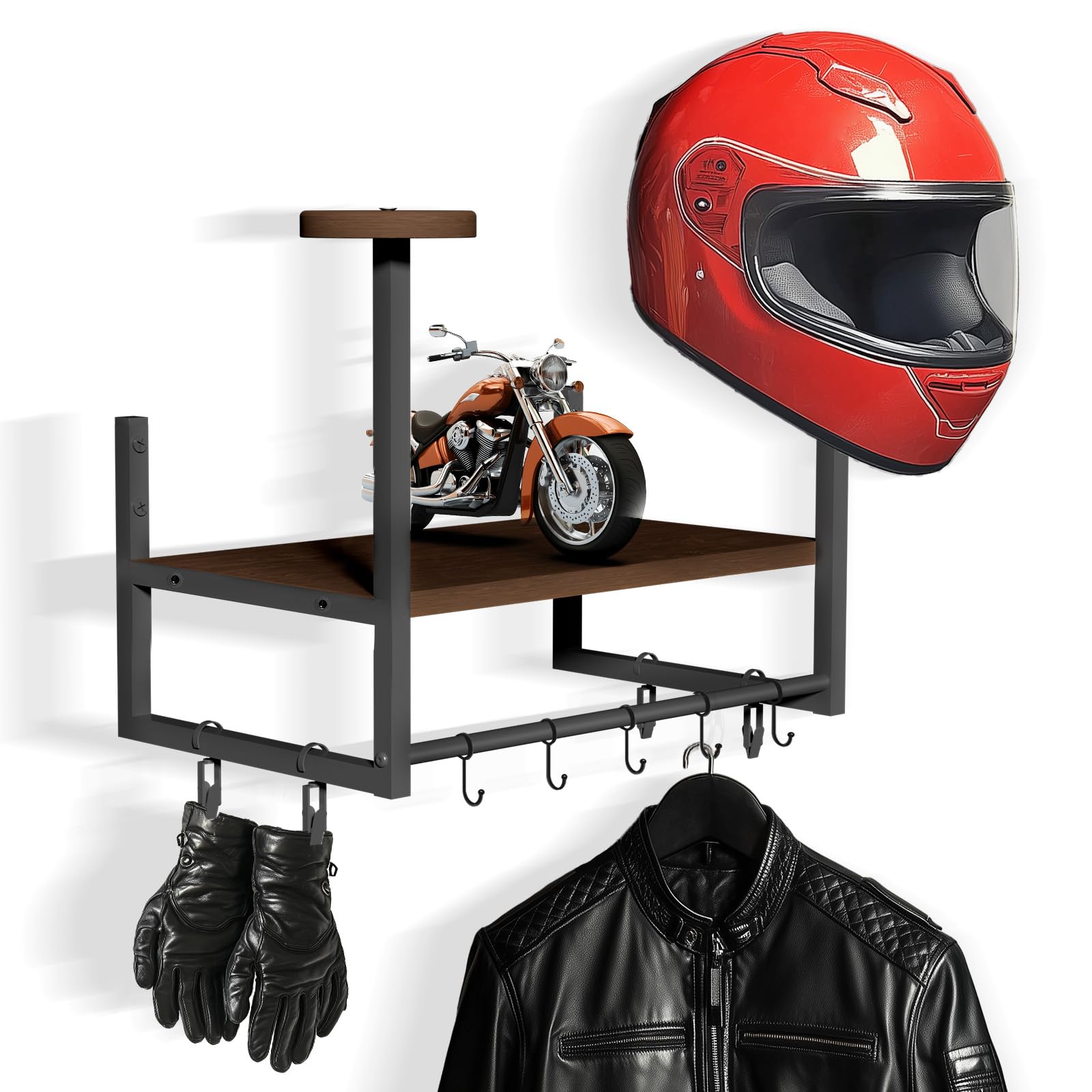 Soporte de pared moto para casco, colgador casco moto pared Perchero con tablas de capas de madera, 2 soportes para casco, fútbol y equipo de ciclismo, Marrón oscuro