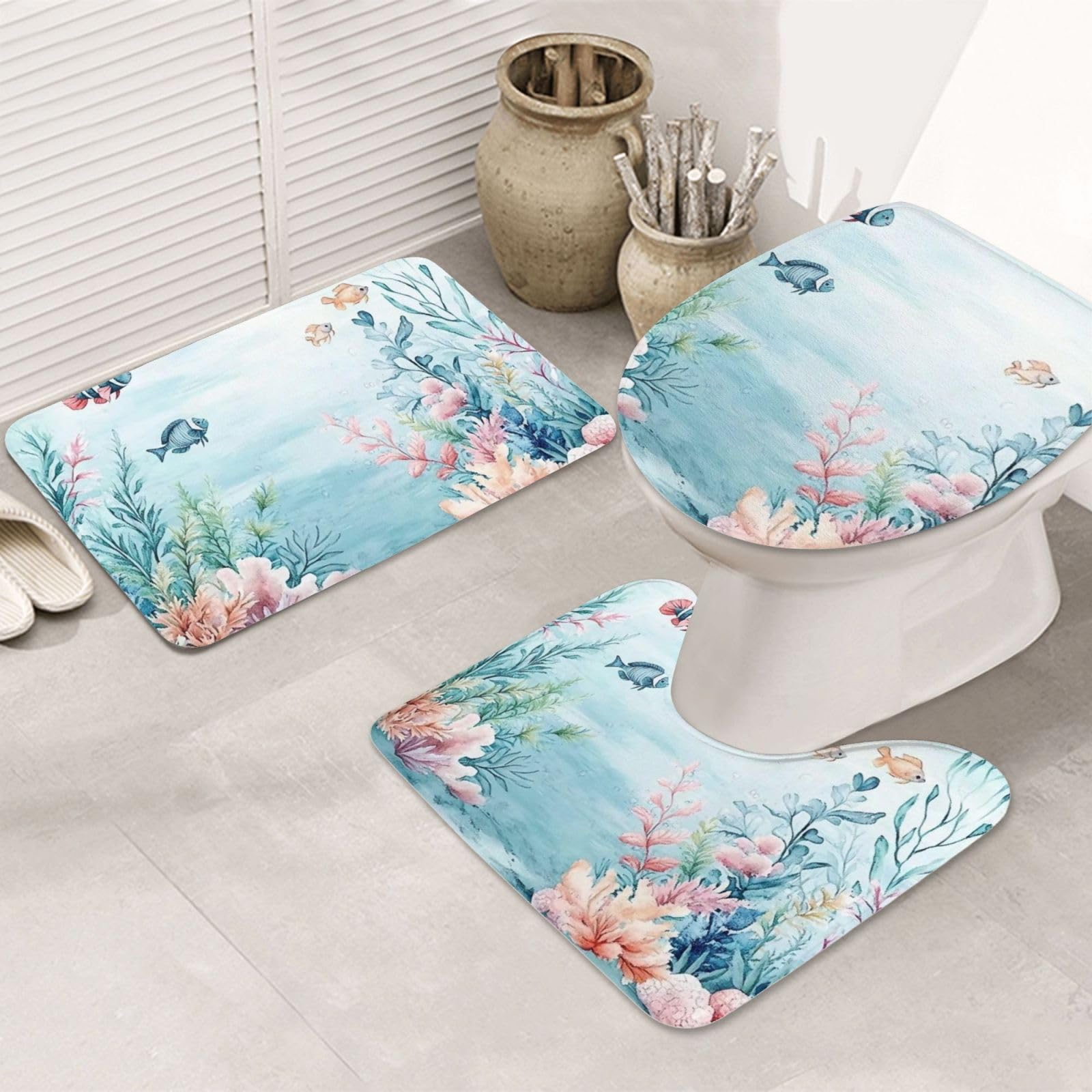 Juego de alfombras de baño antideslizantes con funda de inodoro lavable a máquina