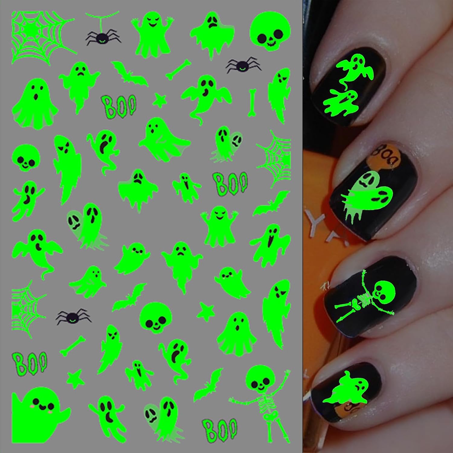 6 Sheets Glow in The Dark Halloween Nail Art Stickers, Cute Pumpkin Ghost Spider Web Skull Bat 3D Design Self-Adhesive Nail Art Decals, DIY Manicure Decoration Supplies Accessories for Women Girls image 3