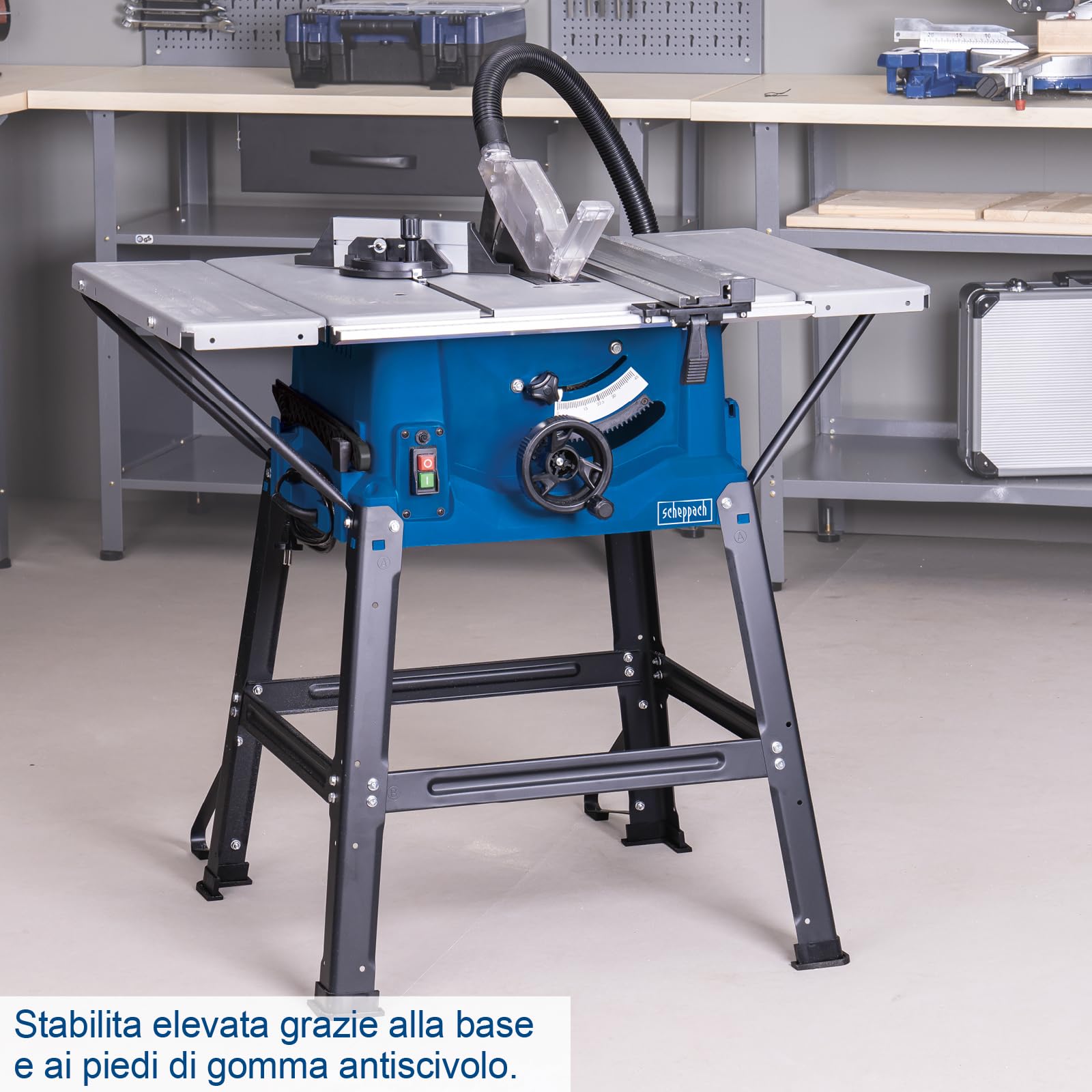 Sega circolare da banco Scheppach HS100S | 230V – 2000W | Altezza di taglio 85mm | Inclusi ampliamenti del tavolo e supporto | Dimensioni del tavolo con ampliamento 642x940mm | Inclusa seconda lama