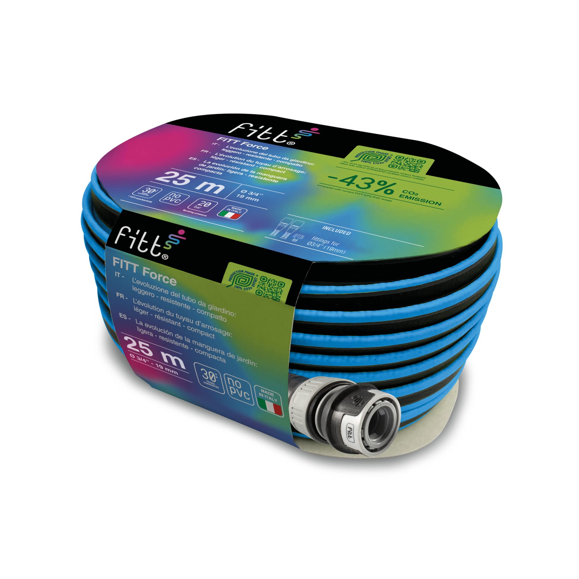 FITT FORCE 3/4" 25 m, Manguera de Agua para Riego de Jardín, Ligera, Resistente y Compacta, para Uso Intensivo, color Azul, -43% CO2e