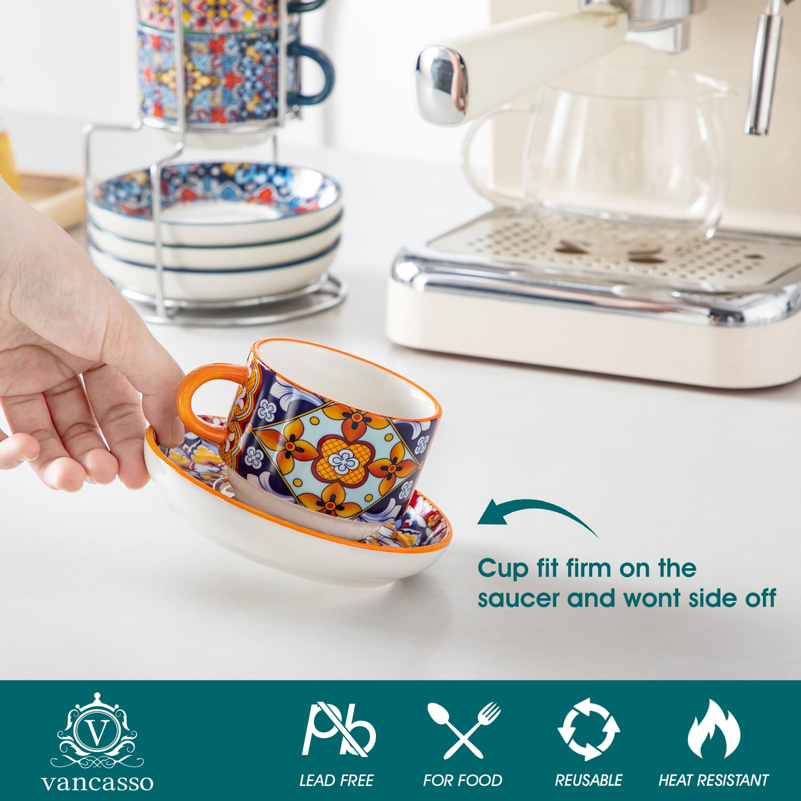 vancasso SIMI - Lot de 8 Tasses à Café avec Soucoupes (150ml) - Service à Café pour 4 Personnes - Porcelaine Résistante pour Expresso, Cappuccino - Design Bohème - Lavable au Micro-ondes
