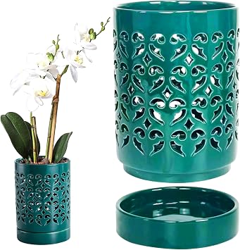 Orchid Pots with Holes 4 Inch Planter, Breathable Ceramic Plant Pot with Saucer Promotes Air Circulation Plant Growth Green