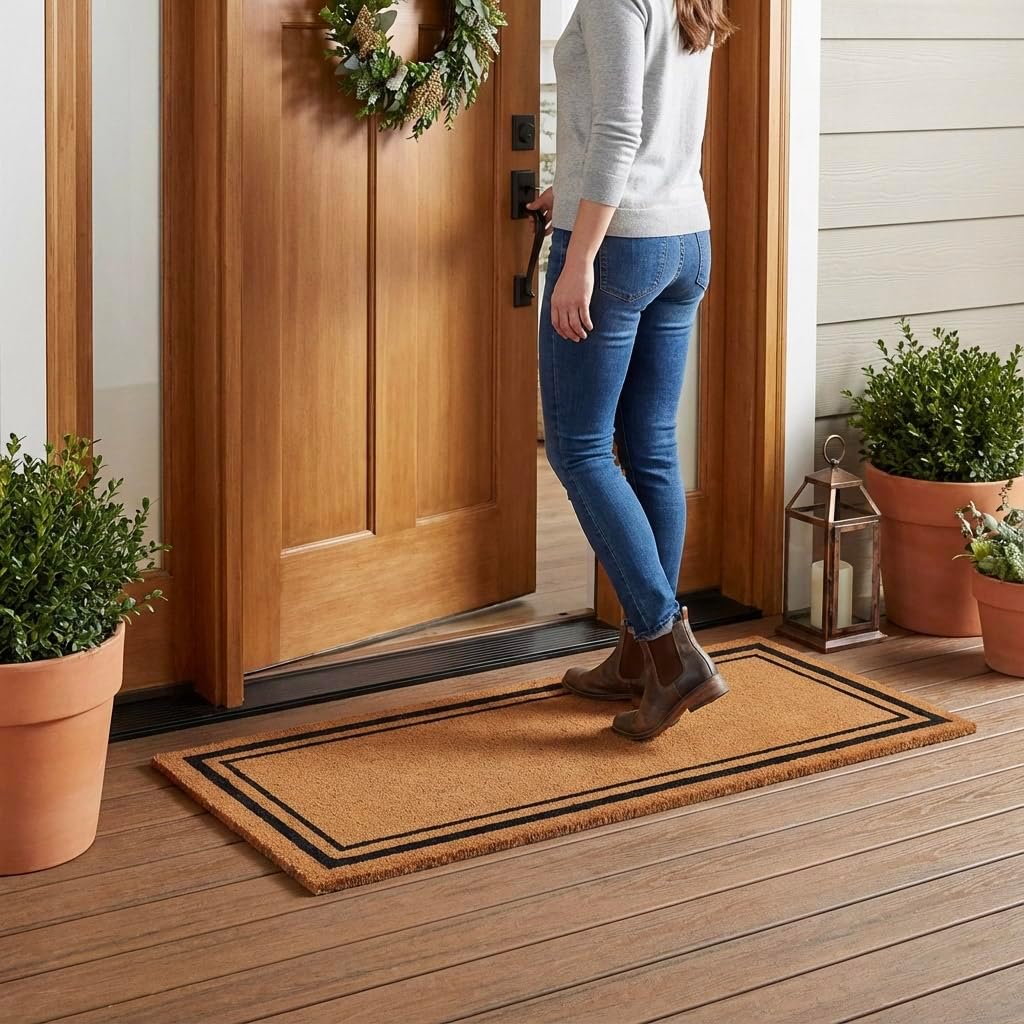 Kempf Black Border Coco Coir Doormat, 36" x 60", Non-Slip Backing, Heavy Duty Natural Fiber Front Door Welcome Entrance Mat, Low Clearance, Outdoor Indoor