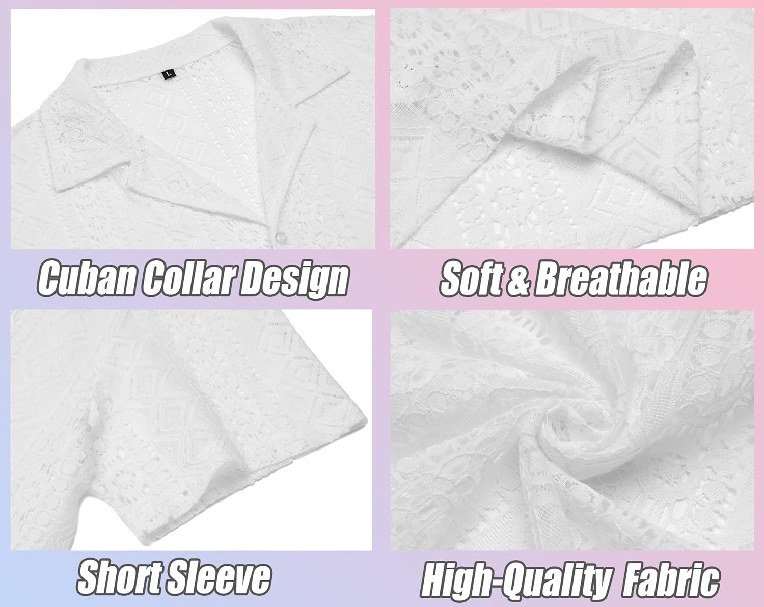 URRU Mens Floral Lace Shirt Short Sleeve Hollow Out Sheer See Through Casual Button Down Shirts - Image 5