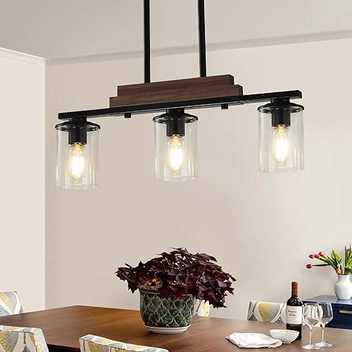 Miniatura 7 de Luces colgantes para isla de cocina, candelabros de granja de 4 luces para comedor, candelabro lineal negro con pantallas de vidrio transparente,