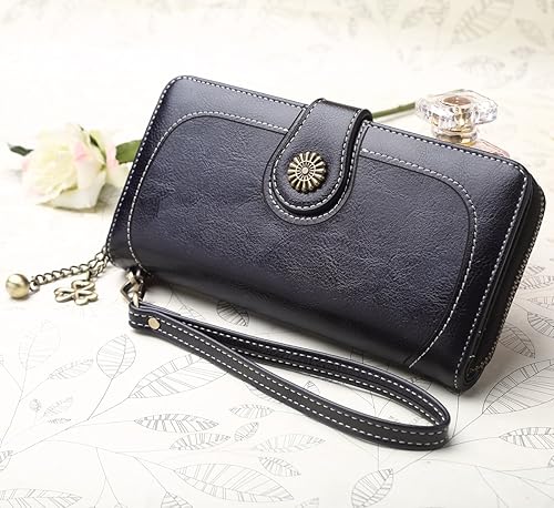 Miniatura 2 de Cartera con tarjetero para mujer, con bloqueo RFID, gran capacidad, de lujo, cera, embrague, Negro -, Cuero