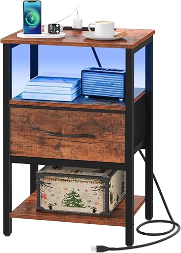 Miniatura 12 de Yoobure Mesa auxiliar con almacenamiento, mesita de noche LED con estación de carga, mesas auxiliares para sala de estar, mesita de noche