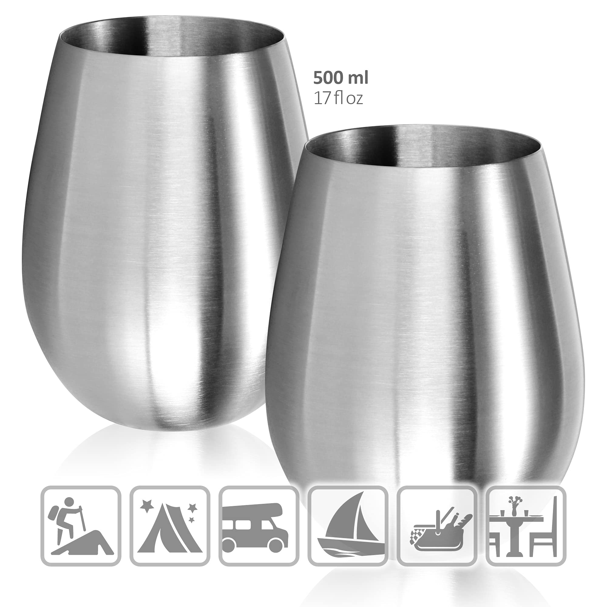 COM-FOUR® 2x kieliszki do wina wykonane ze stali nierdzewnej 304 - kubek do wina 500 ml do podrózy - kubek ze stali nierdzewnej na wynos - kieliszek bez nózki Nie zawiera BPA (2 sztuki - 500ml mat)