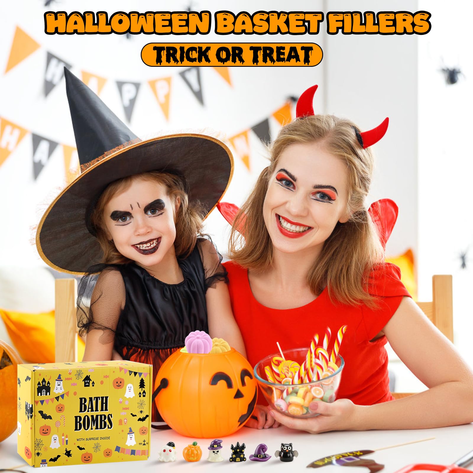 Bombas de baño de Halloween con juguetes sorpresa | 6 bombas de baño con forma de calabaza, fórmula con sales de baño, sorpresa de baño para Halloween