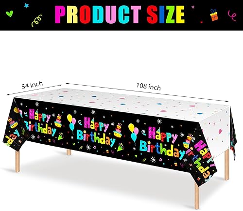 Miniatura 2 de Tegeme Mantel de 3 piezas de feliz cumpleaños, colorido arco iris, funda de plástico desechable negro para mesa de feliz cumpleaños para fiestas,