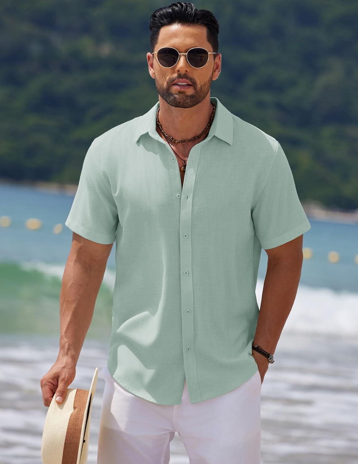 COOFANDY Men's Casual Summer Beach Shirt Short Sleeve Button Down Shirt Vacation Wedding Shirt Linen Textured Shirts - Image 2