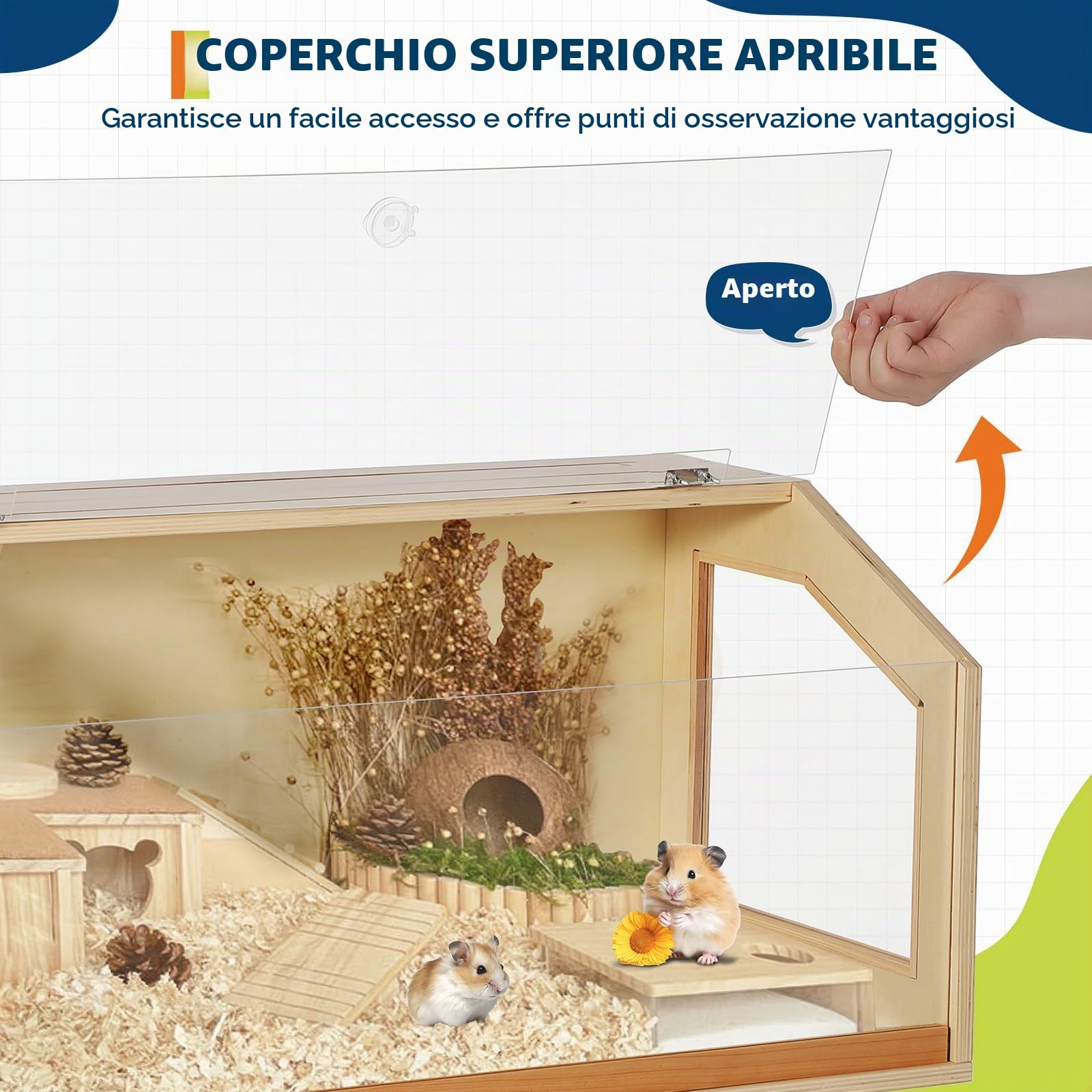 Ampio habitat in legno per piccoli animali - Gabbia per criceti con gambe, finestra in acrilico, tetto apribile, facile montaggio, ideale per criceti, gerbilli, ratti, porcellini d'India e