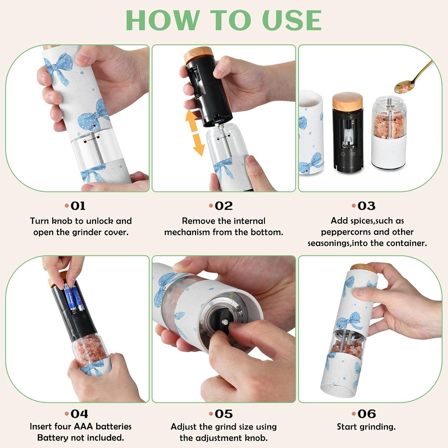 ALAZA Electric Pepper Grinder with Adjustable Coarseness, Blue Dots Ribbon Bow Watercolor Pattern Battery Automatic Salt and Pepper Mill with Led, One-Handed Operation Spice Grinder for Kitchen, Campi