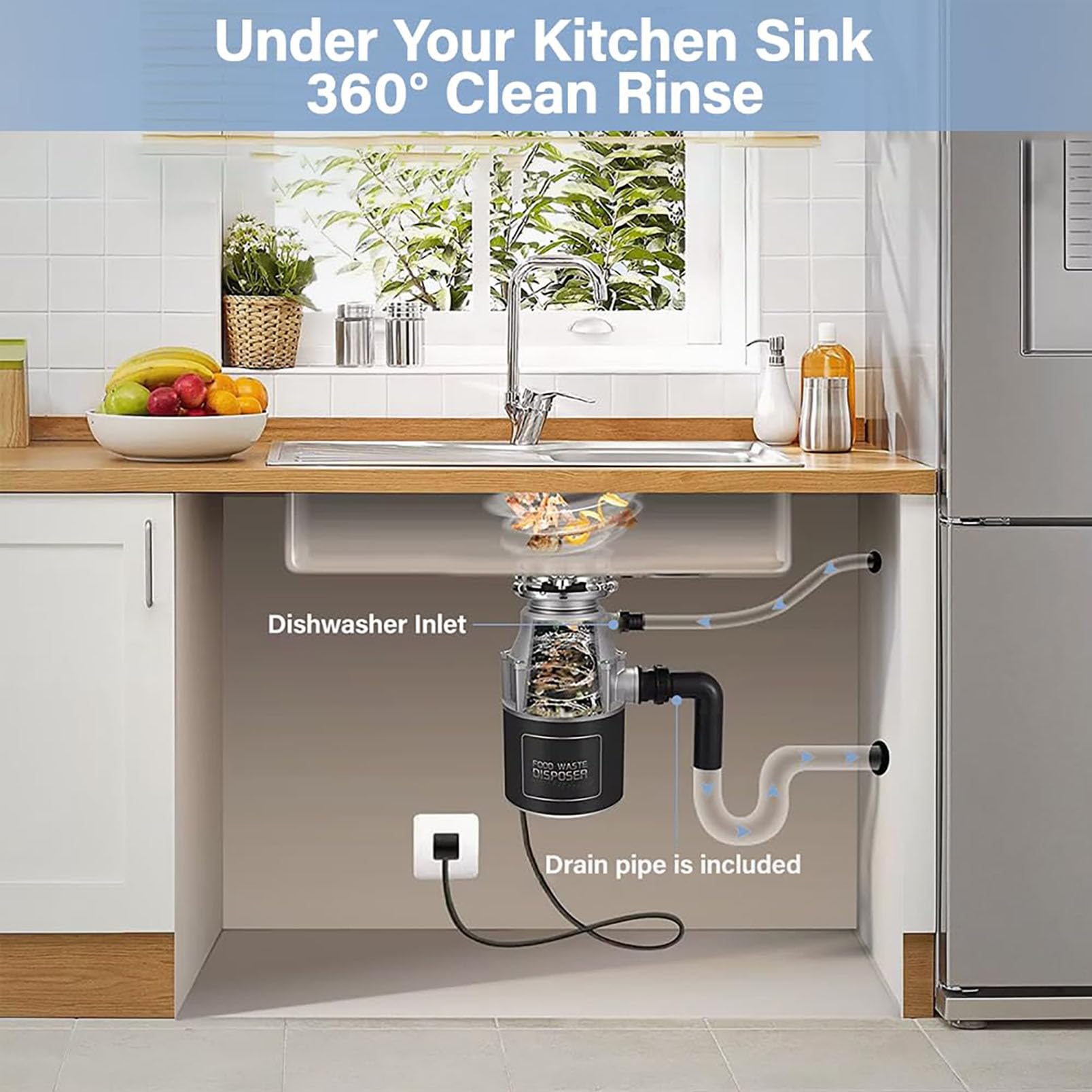 Triturador de basura para cocina, unidad de 560 W y 3200 rpm, sistema de trituración de acero inoxidable de 4 etapas y protección contra sobrecarga; silencioso y fácil de instalar