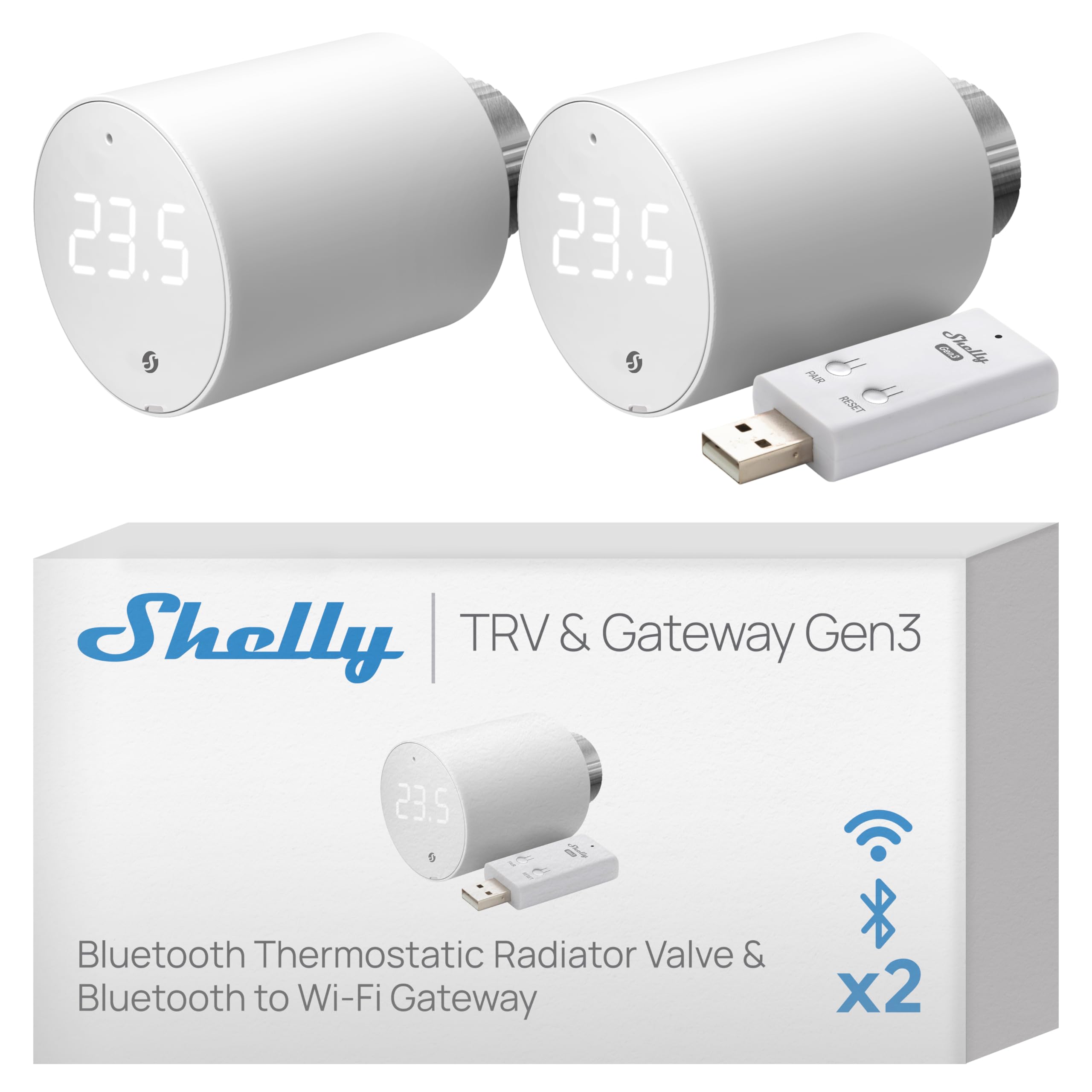 Shelly Blu TRV & Shelly Blu Gateway Gen3- Inteligentny Termostat Grzejnikowy, Precyzyjna Kontrola Temperatury, Obrotowy Ekran, Długotrwałe Baterie, Bluetooth Do Wi-FI Gateway W Zestawie