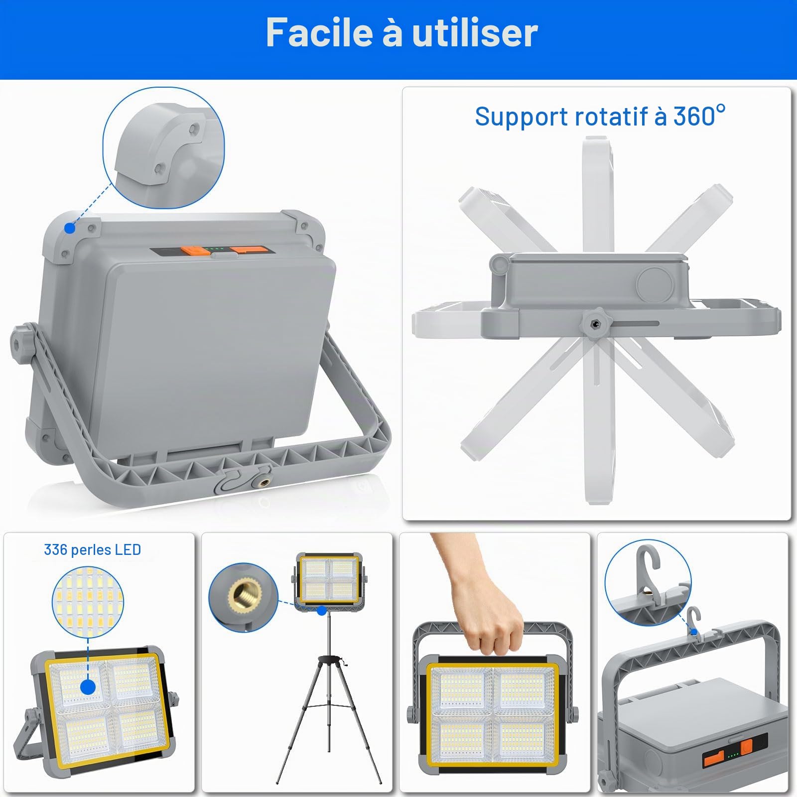 ERAY 150W Projecteur LED Rechargeable 9000mAh avec Double Panneau Solaire | 336 perles LED, 4 Modes, IP66, Projecteur LED Chantier Portable pour Garage, Camping, Atelier, Urgence, Chantier, Extérieur