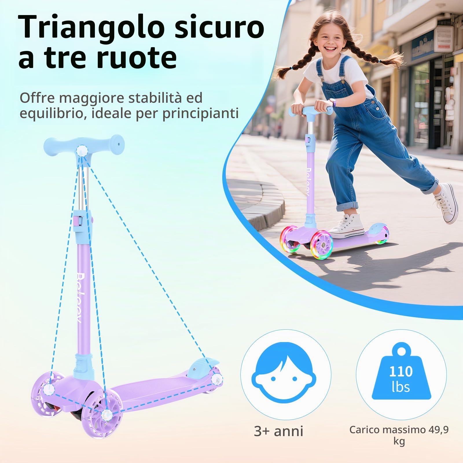 BELEEV A3 Monopattino Bambina con Ruota Illuminata LED, Altezza Regolabile | Pedana Antiscivolo e Extra Larga,Leggero con Telaio Robusto per Monopattino 3 Ruote Bambina Bambini e Bambine 3-12 Anni