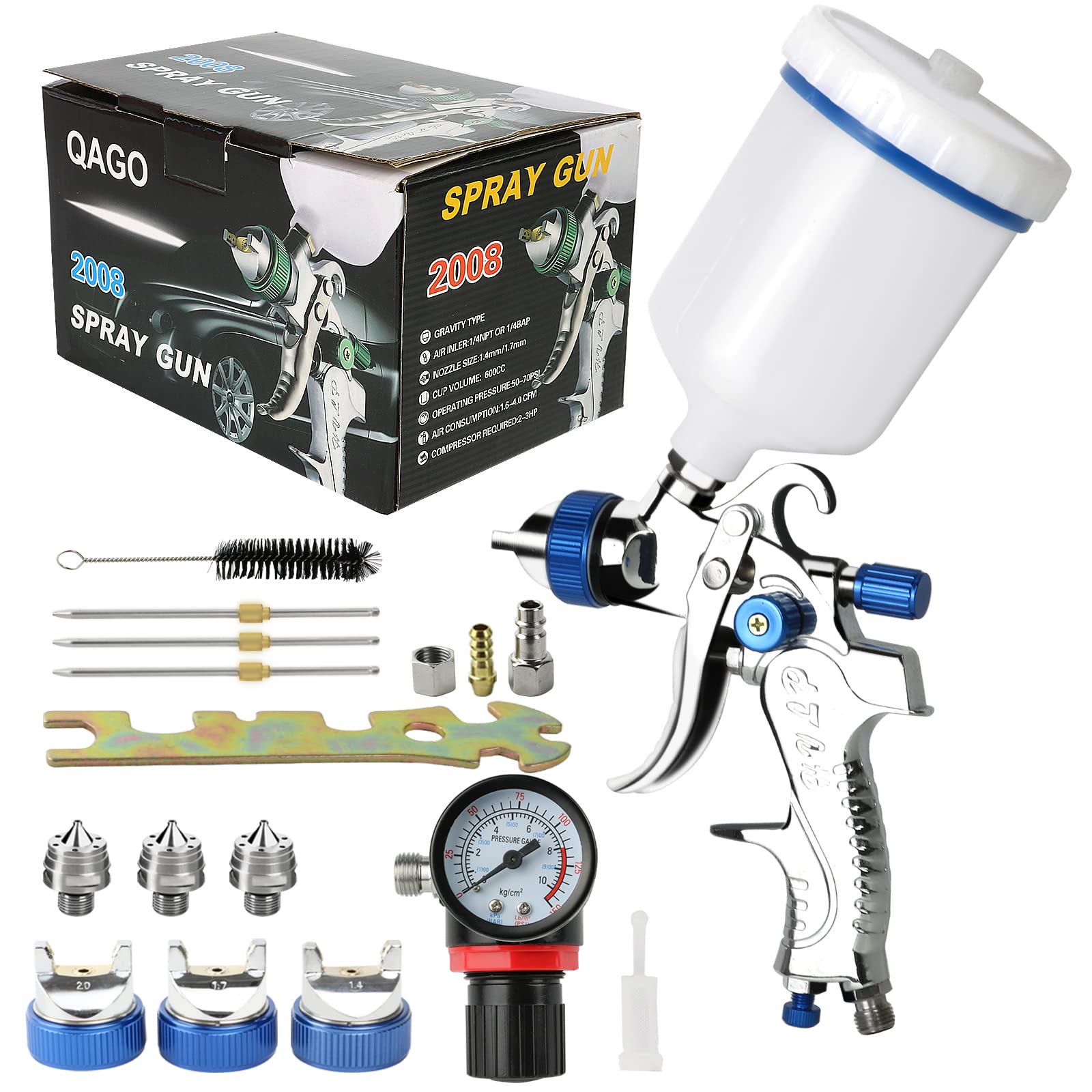 HVLP - Pistola a spruzzo per verniciatura, 3 ugelli da 1,4 mm, 1,7 mm, 2,0 mm, sistema di spruzzo professionale con bicchiere di plastica da 600 ml, con regolatore di pressione dell'aria