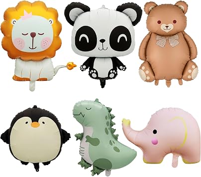 6 Pcs Cute Animal Balloons Giant Jungle Safari Animal Foil Balloons Set for Lions Pandas, Dinosaurs, Elephants, Penguins, and Bears for Wildlife Theme Zoo Birthday Baby Shower Party Decor Supplies