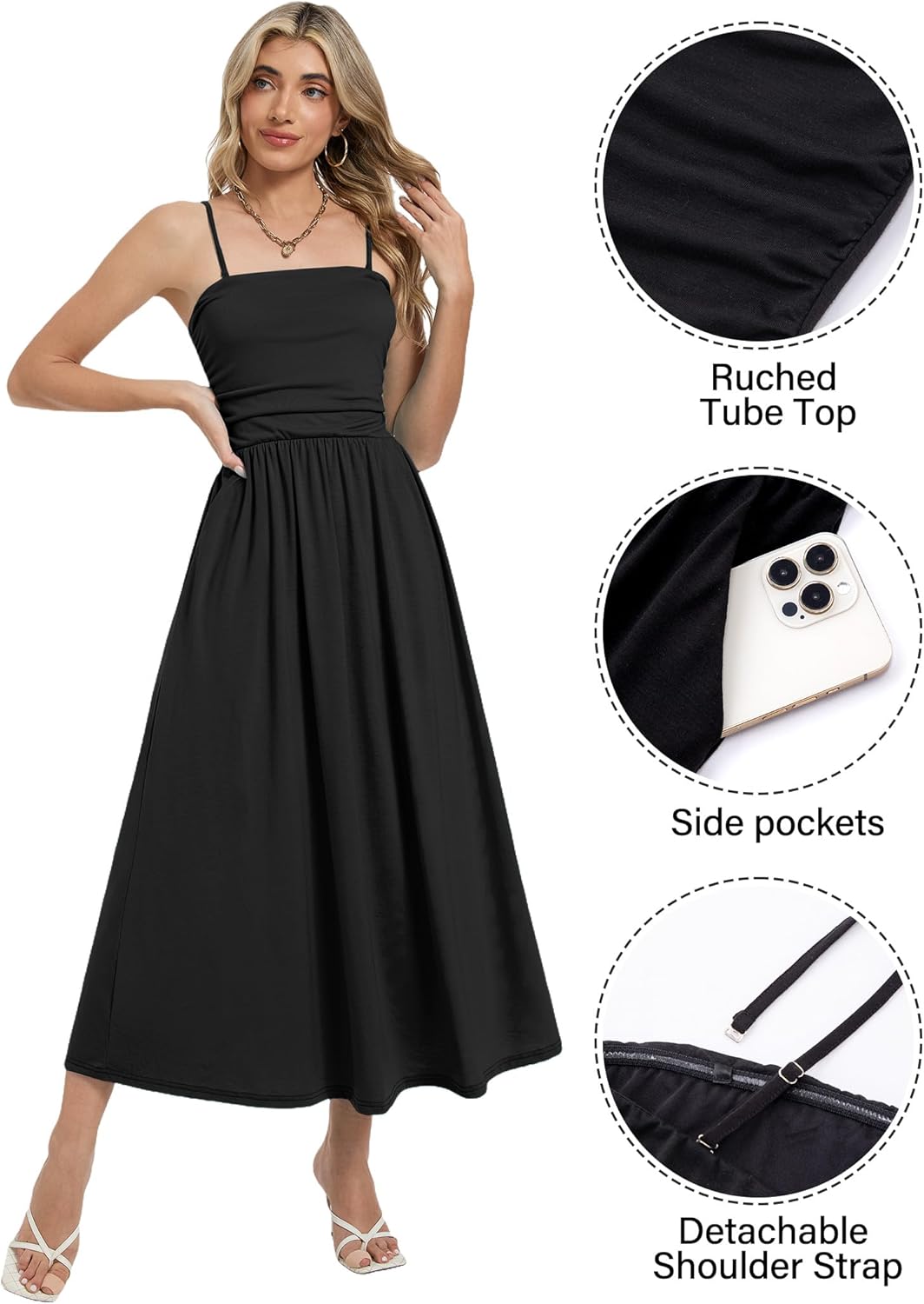 HUSKARY Tube Top Dress for Women Summer Casual Off Shoulder Midi Beach Vacation Dresses with Pockets
