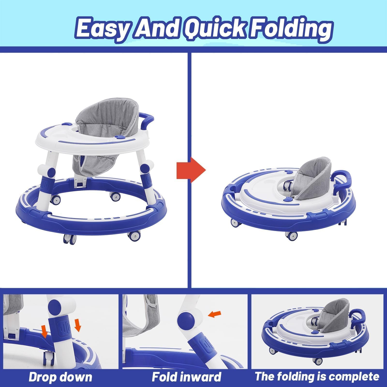 5 w 1 chodzik Baby Walker, z regulacją wysokości, składane, 360°, z muzyką i zdejmowaną tacą, nadaje się dla dzieci od 6 miesięcy
