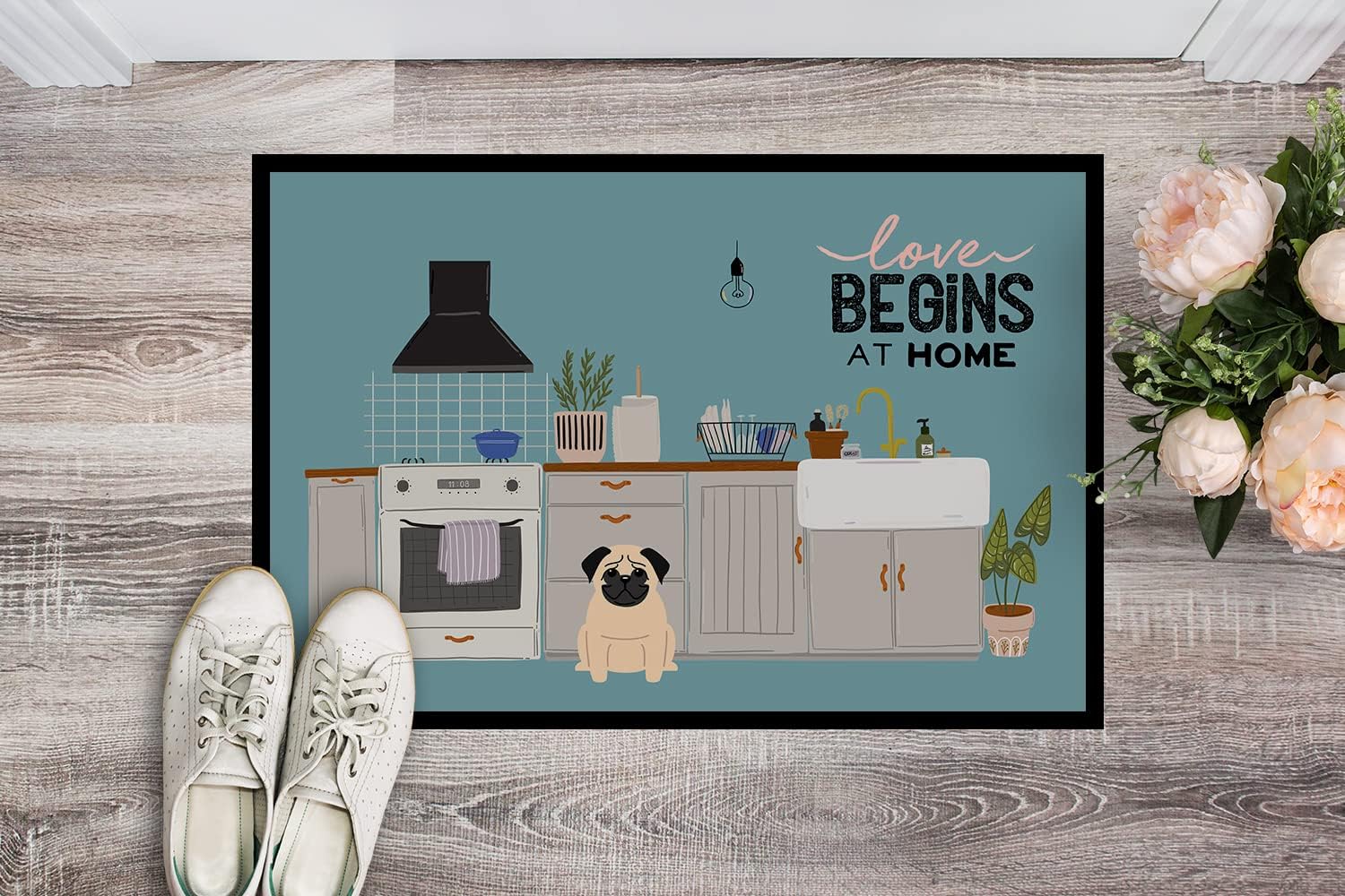 Caroline's Treasures CK7712MAT Fawn Pug Kitchen Scene Doormat 18x27 Front Door Mat Indoor Outdoor Rugs for Entryway, Non Slip Washable Low Pile, 18H X 27W