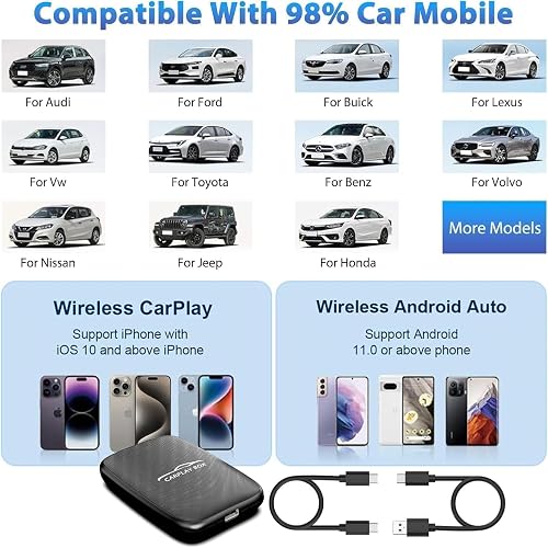Dongle Carplay sans Fil et Android Auto supportant Netflix/Youtube/TF Card,Car Play AI Box avec câble USBA-C et USBC-C pour Phone Android (Black) - 5