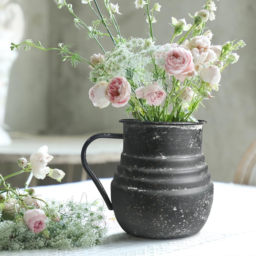 Rustic Metal Farmhouse Vase Shabby Chic Small Pitcher Fall Black Vase Brown Decorative Vase for Farmhouse Kitchen Decor