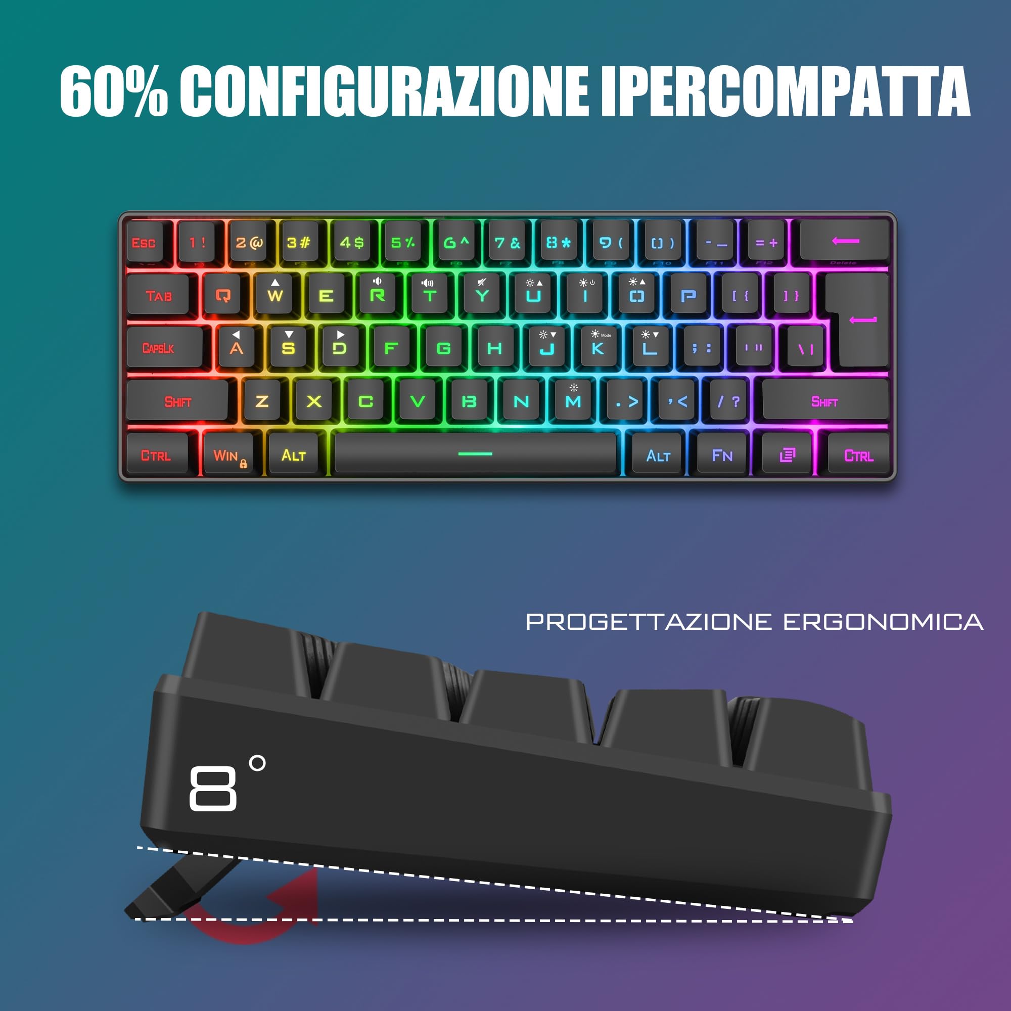 RedThunder 60% Tastiera da Gioco Meccanica Cablata, Retroilluminazione Dinamica RGB, Mouse a Nido D'ape Leggero da 7200 DPI, Tastiera Ultracompatta, 62 Tasti Anti Ghosting, Layout IT per PC/PS5-Nero