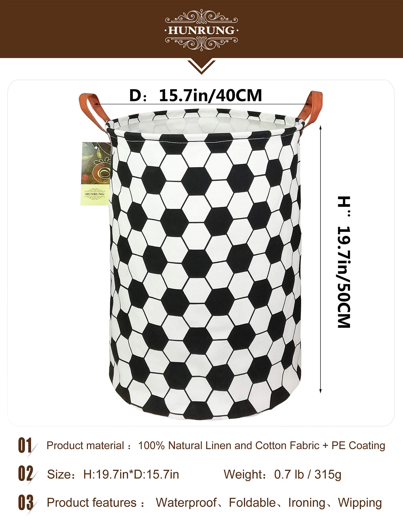 HUNRUNG Laundry Hamper for Boys,Collapsible Soccer Ball Storage Basket with Handles,Large Waterproof Toy Organizer Bin for Nursery,Kids Room,Playroom,Black White Football Decor(Roud football) - Image 2