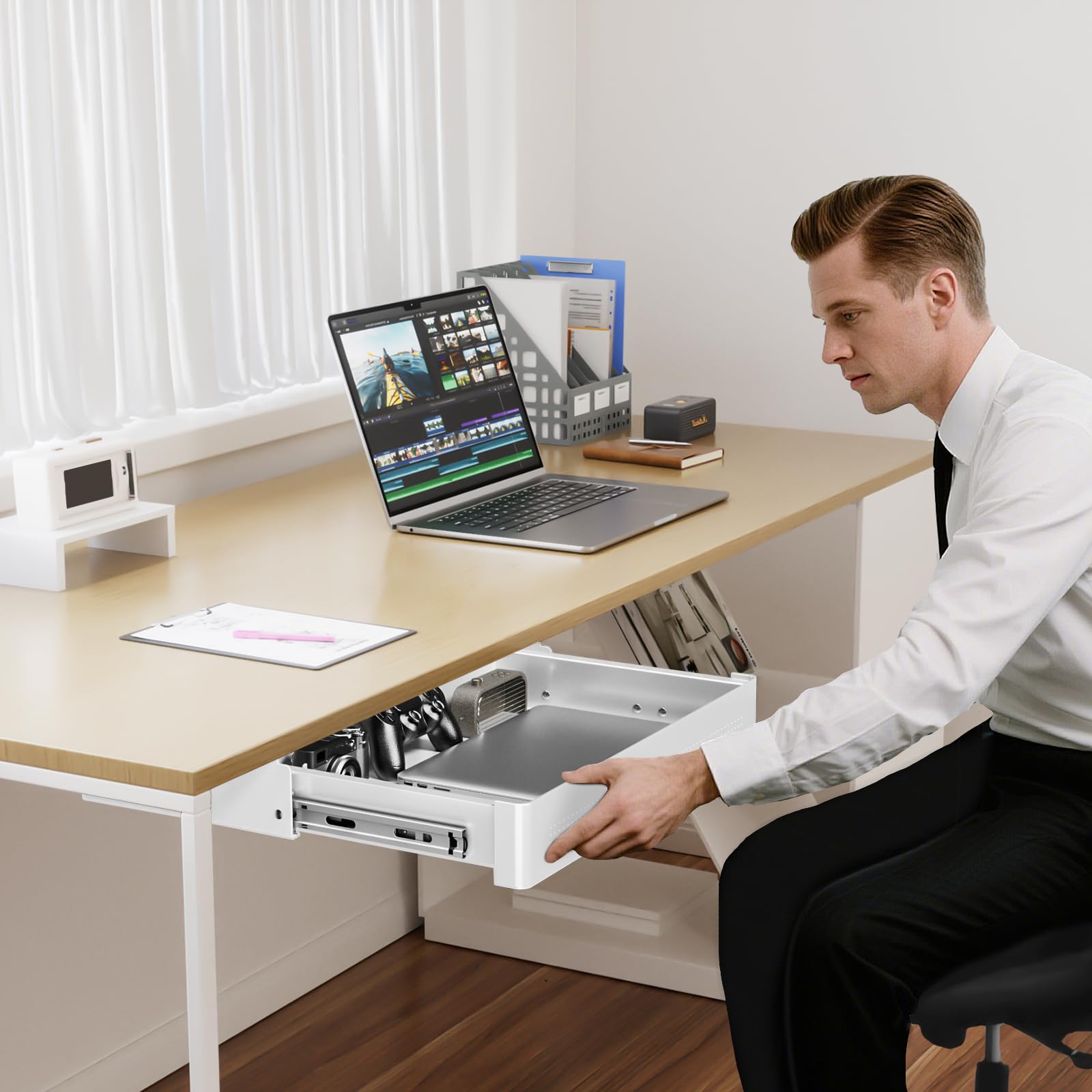 Tiroir de Rangement sous Bureau 400mm de large,Charge Max 8 kg | Organisateur Coulissant Fluide pour Bureau Assis-Debout et Bureau à Domicile,Glisse Silencieuse,Blanc