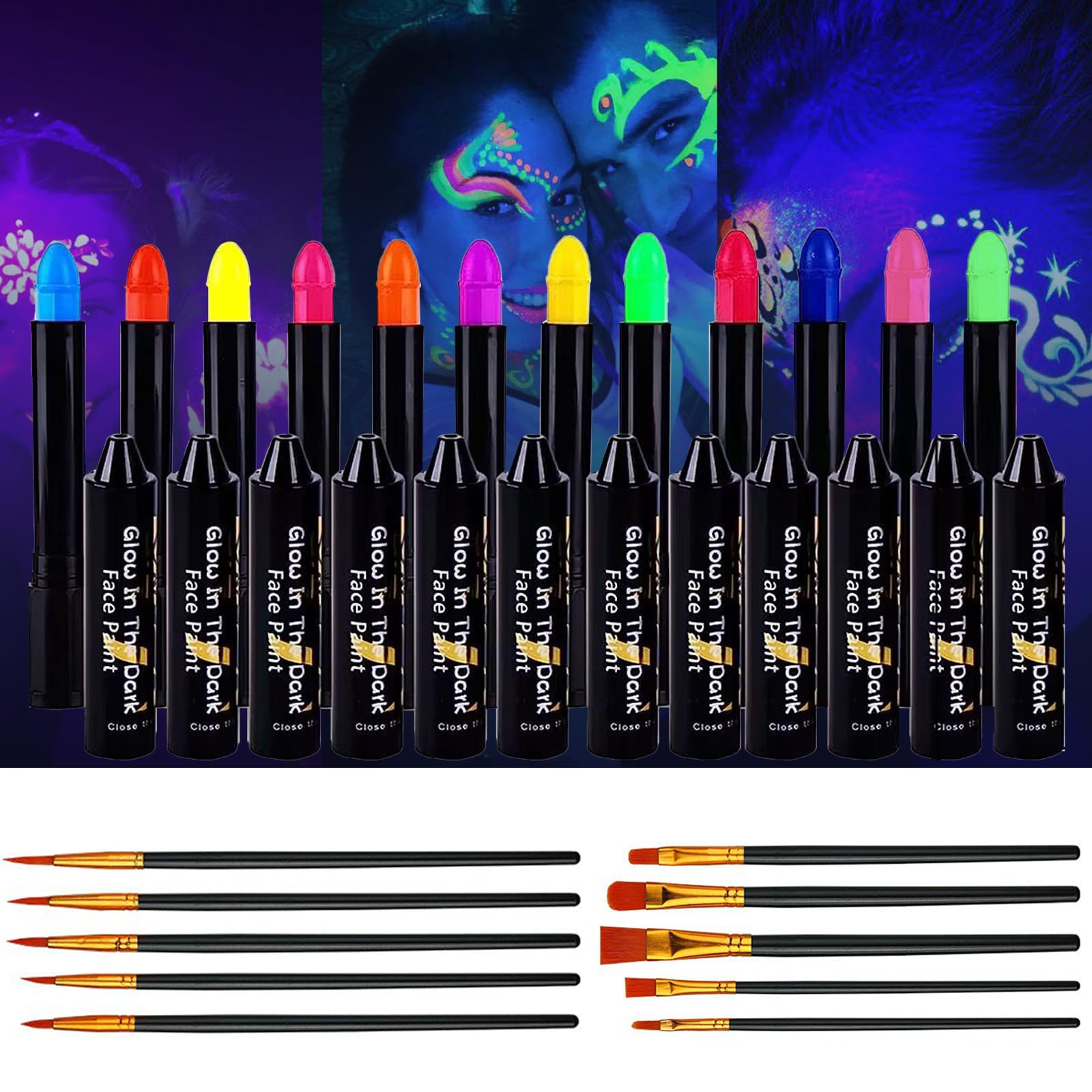 Scettar 12 Colors UV Neon Glow Face Paint Crayons Kit with 10 Brushes, UV Neon Face Paint Body Pain, Glow in the Dark Face Paint for Adults Neon Party Discos