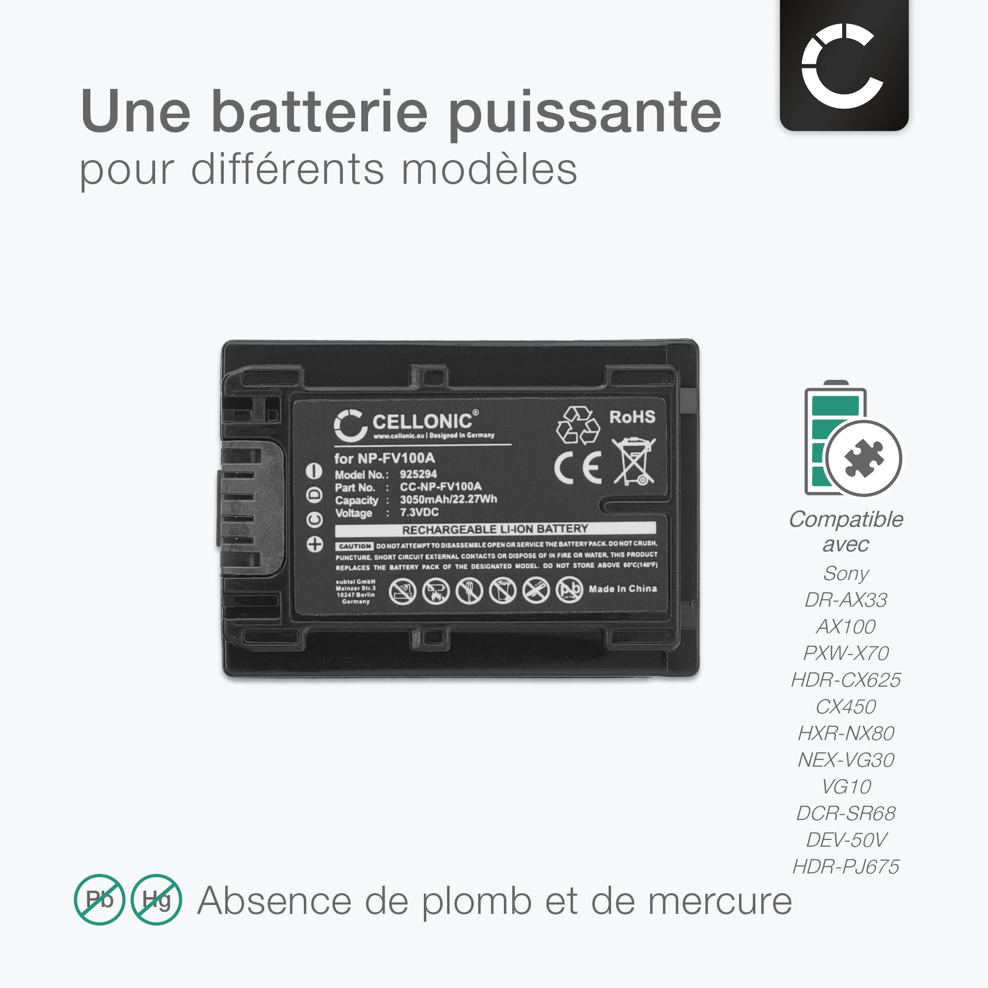 CELLONIC, Batterie pour Caméra, Compatible avec Sony FDR-AX33, NP-FV70, NP-FV50 (7.2V, 3090mAh)