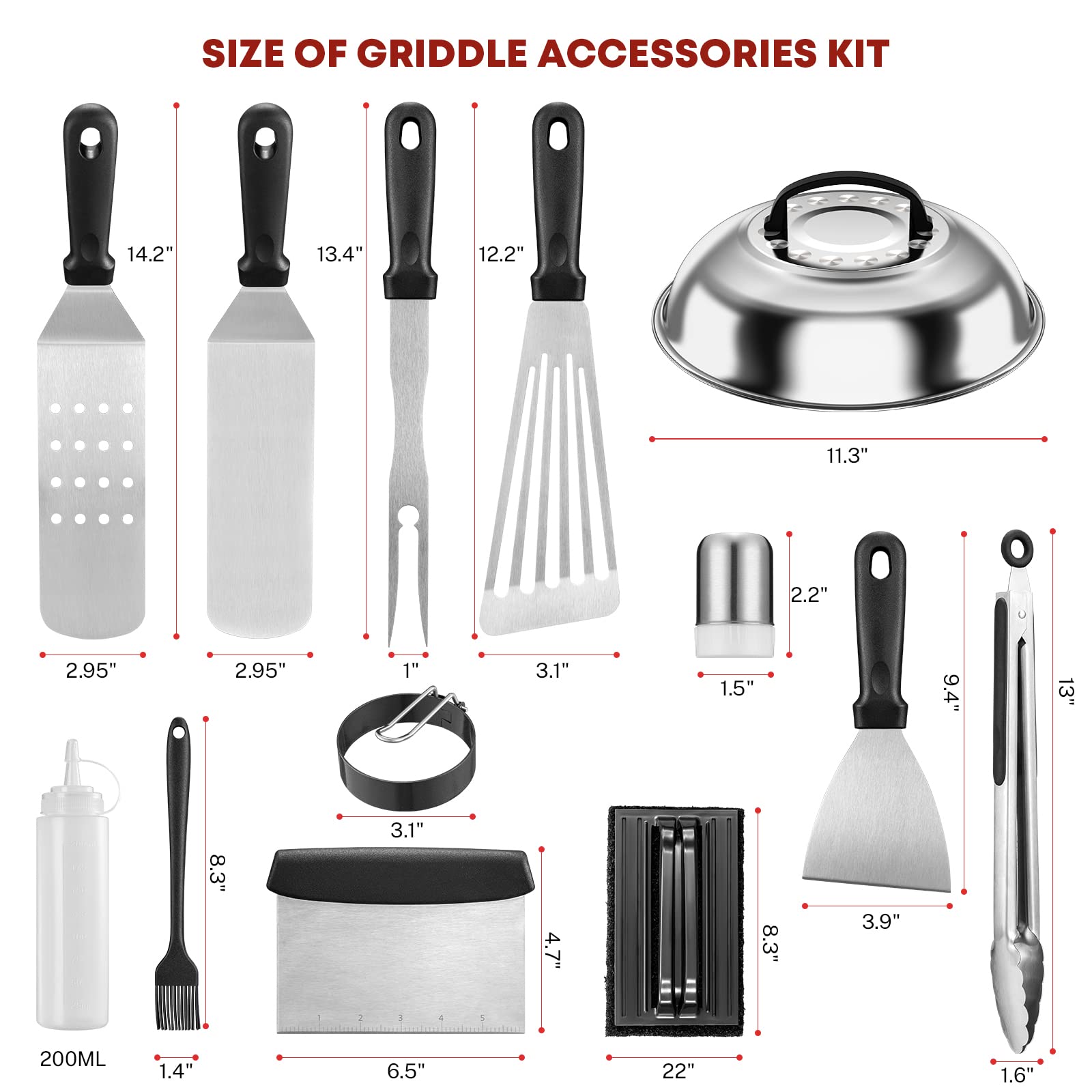 PatioGem Griddle Accessories Kit, 17 Pcs Flat Top Grill Accessories Tools for Blackstone and Camp Chef, BBQ Spatula Set with Basting Cover, Spatula, Scraper, Egg Rings, Tongs, Cleaning Kit & Carry Bag