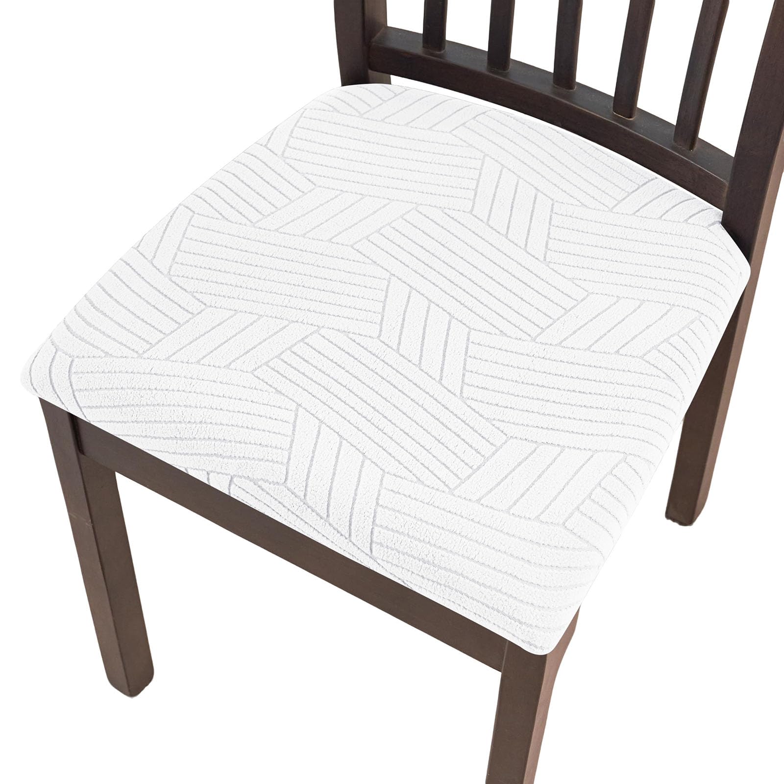 YOPOIY Dining Chair Seat Covers Set of 6 4 2, Spandex Knitted Jacquard Seat Covers for Dining Chairs with Ties, Stretch Chair Seat Cushion Slipcovers (White,6 PCS)