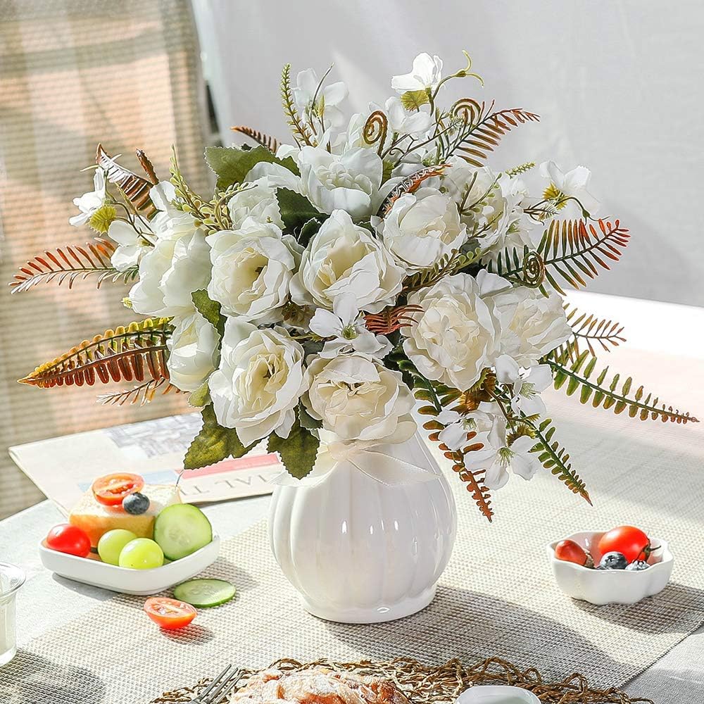 LESING Artificial Peony Bouquets with Ceramic Vase Silk Flowers for Wedding Home Table Centerpiece Decoration (White)