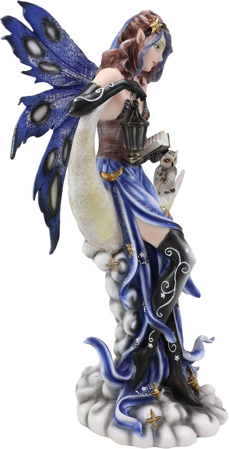 Ebros Fantasy Celestial Bookworm Fairy Carrying Lantern and Owl Sitting On Crescent Moon Clouds and Stars Statue 14" Tall Fairies Nymphs Pixies Collectible Figurine