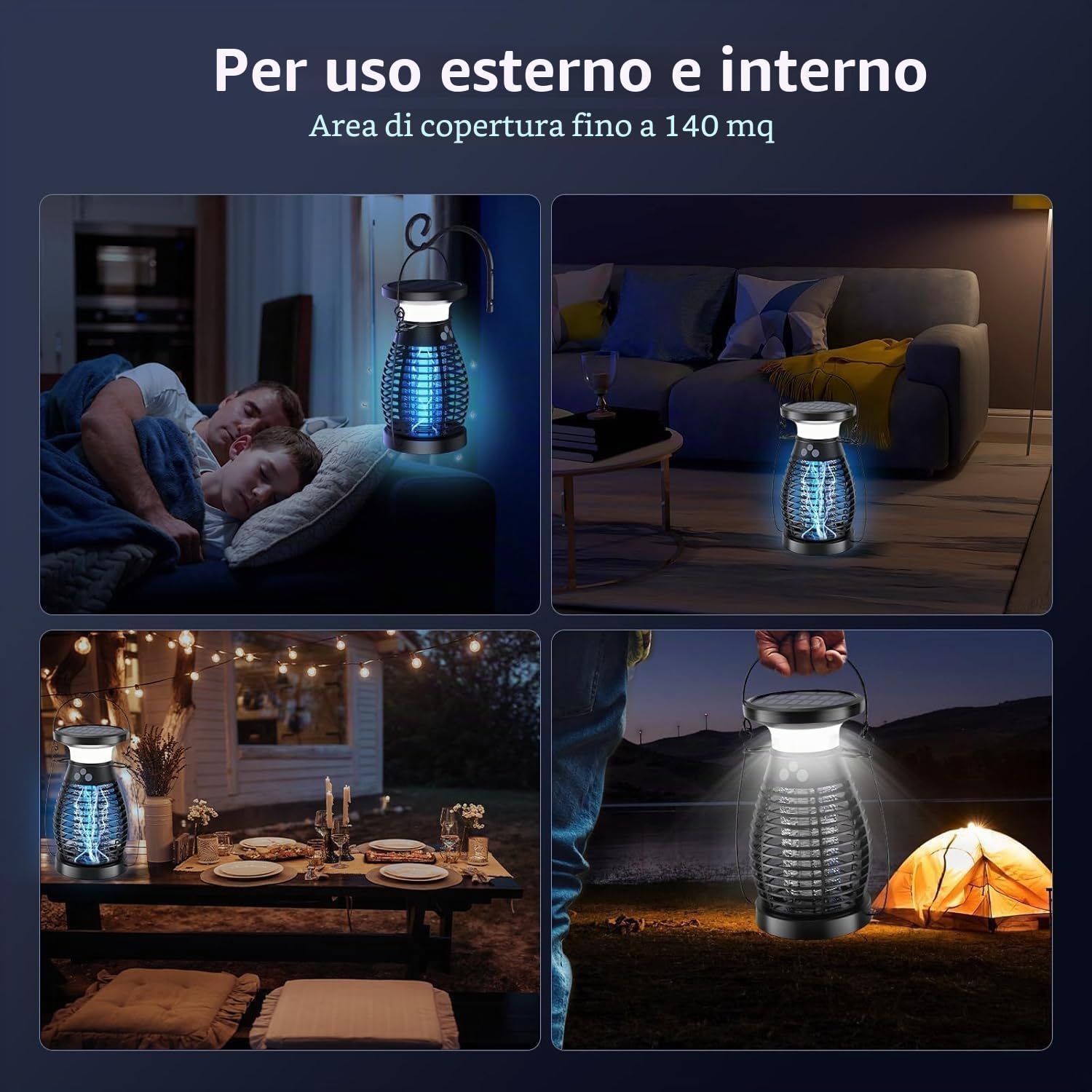 Lampada Antizanzare Elettrica Solare, 4200V UV Zanzariera, Ricarica Solare e USB, IP66, Ammazza Zanzare Elettrico per Interni, Cortile, Patio, Giardino, Campeggio (Viola)