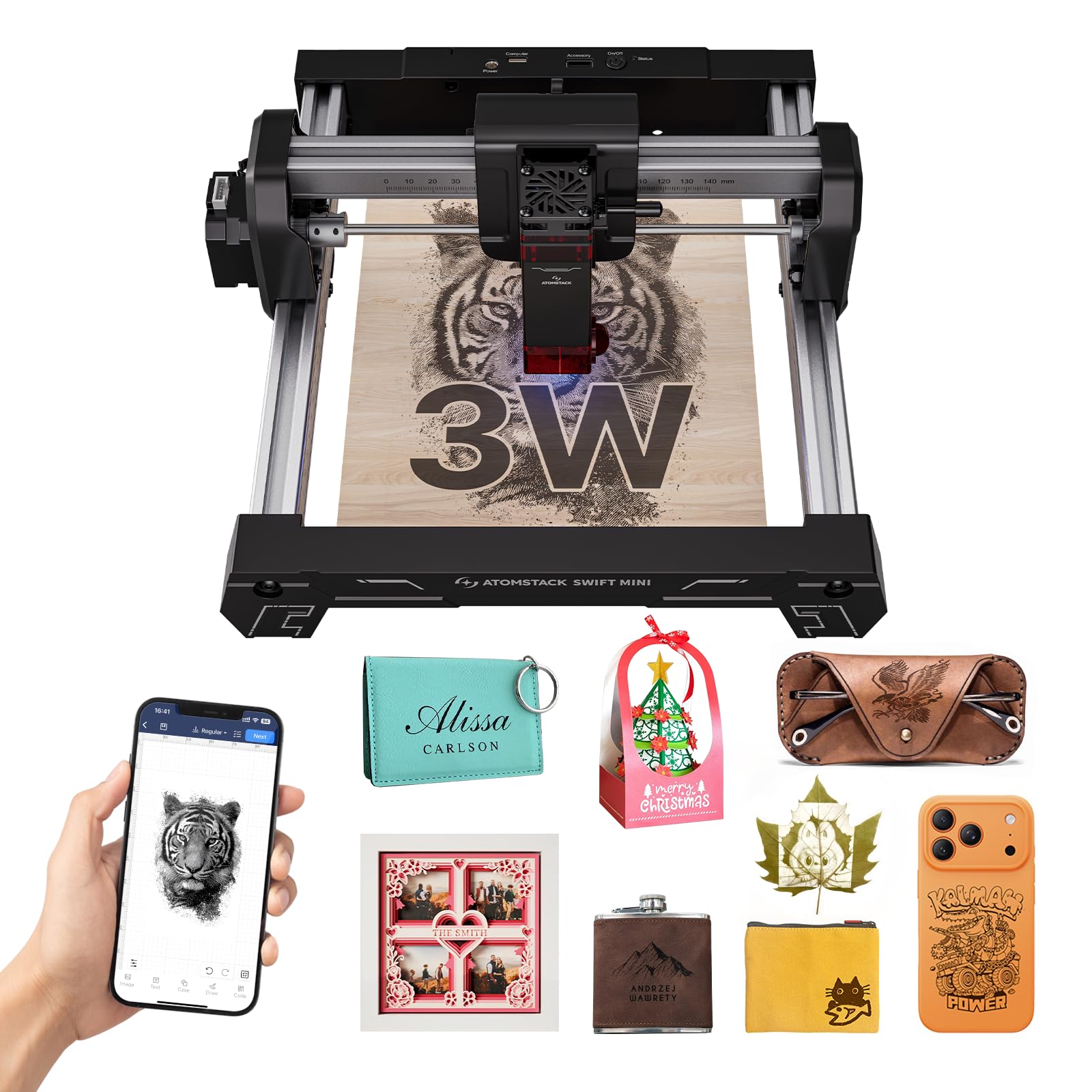 ATOMSTACK SWIFT MINI 3W Macchina per incisione Laser Modello Base Completamente Preinstallato Incisore Laser Fai da Te Superficie di Incisione145×135mm Precisione di 0,04 mm Per Legno, Artigianato