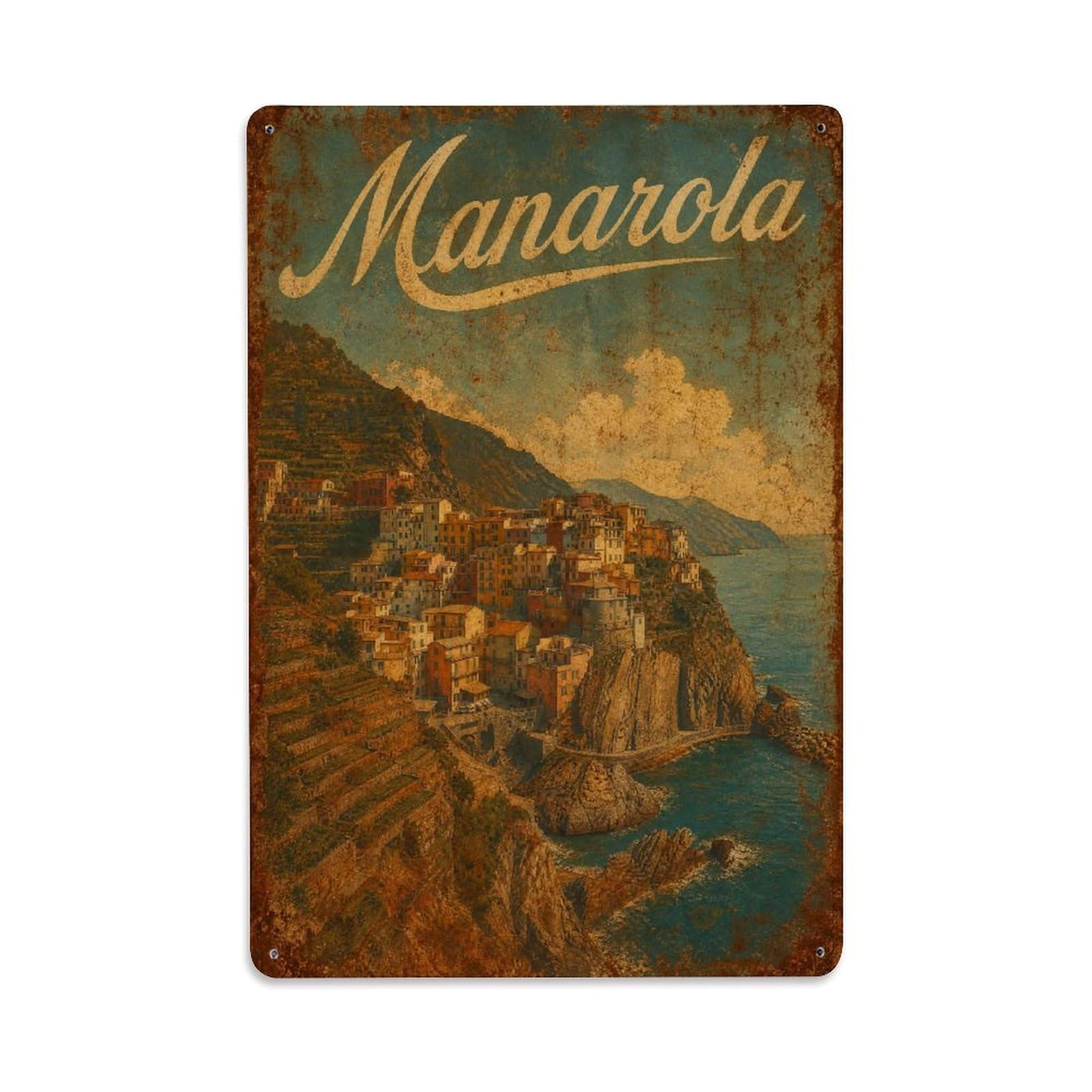 Huiyhb 8X12inch(20X30cm) Vintage Travel Manarola Hilltop Village Elevated View Italy Metal Tin Sign