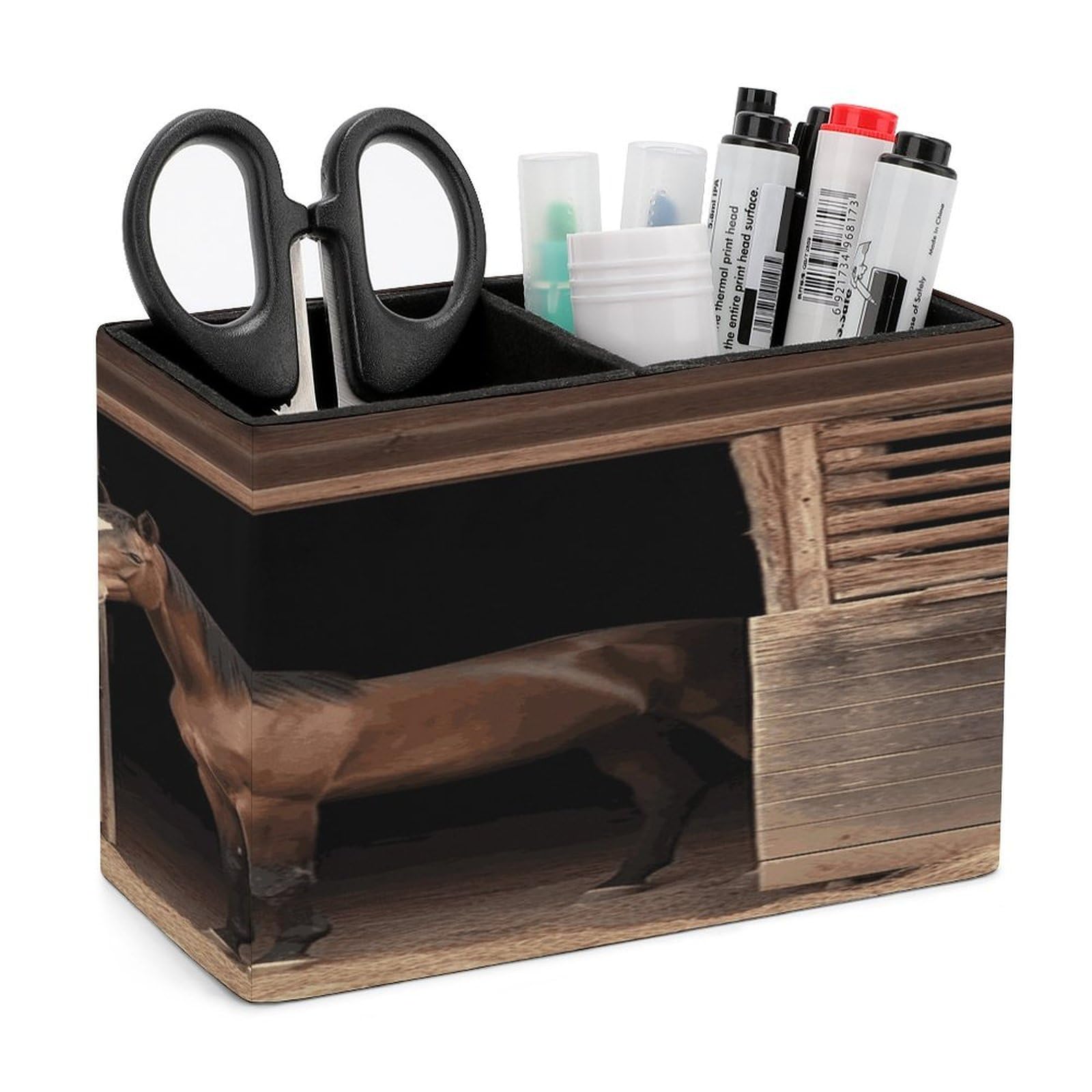 FekiLoot PU Leather Barn Horse Pen Holder for Desk 2 Compartments Desktop Stationary Organizer Rectangle Table Pencil Cup Stand Desktop Stationery Organizer Case for Office Home