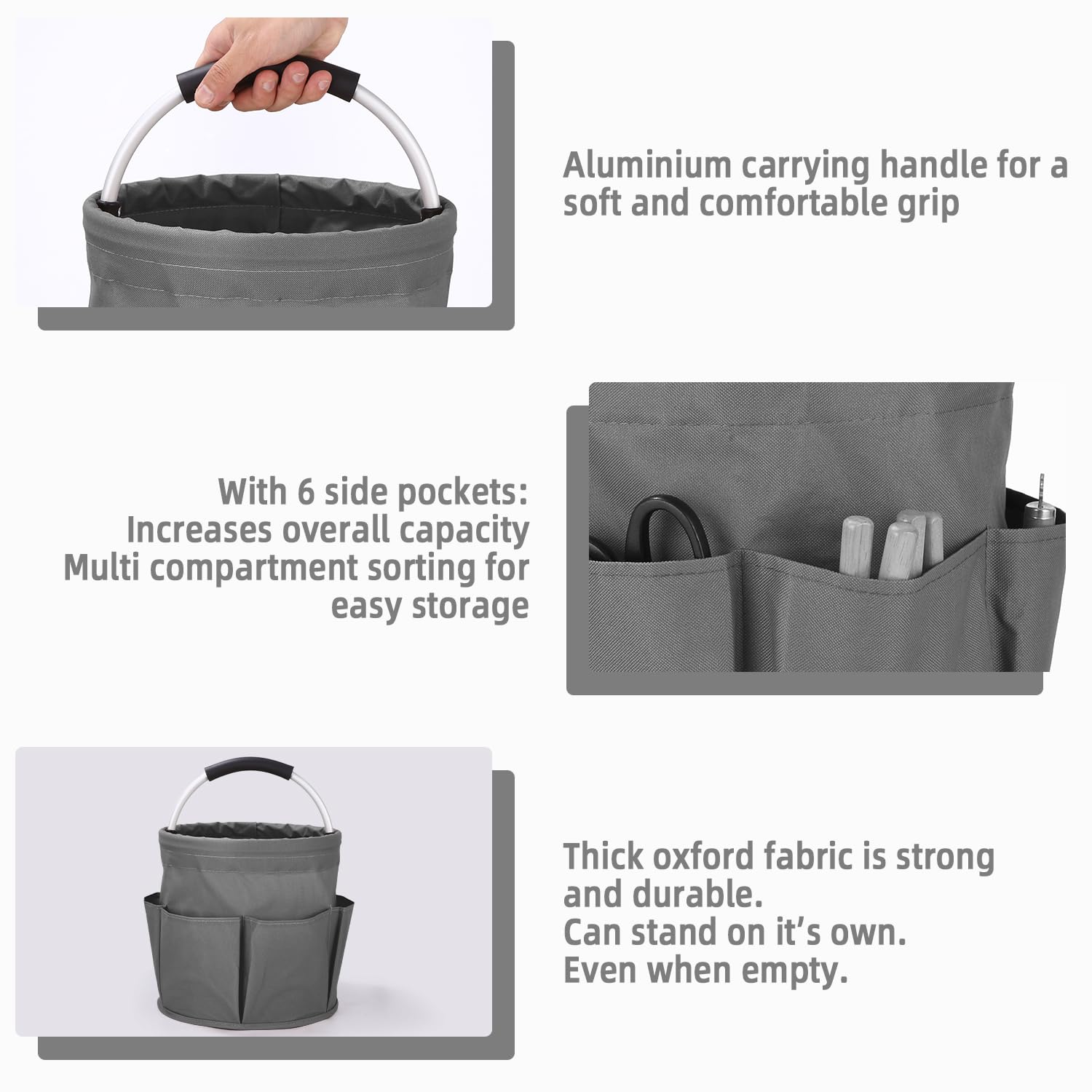 Cestas para Herramientas con 6 Bolsillos,Bolsa de Jardin Herramientas Plegable,Bolsa Organizadora Para Guardar Cosas en Casa, ir de Compras, Excursiones al Aire Libre, Picnics(Gris)