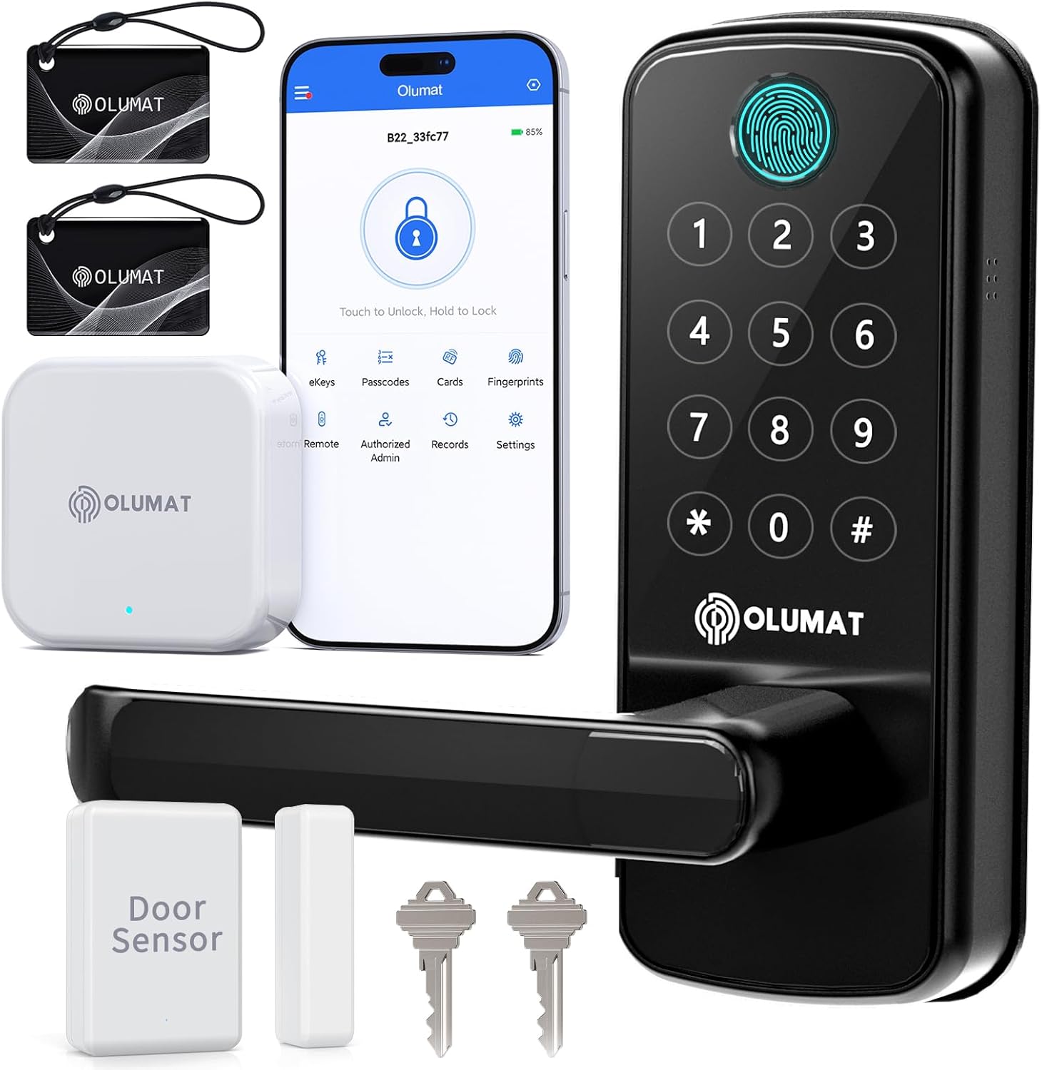 Smart Lock with WiFi Gateway, Keyless Entry Lock with Handle - Locks for Front Door with Keypad - Fingerprint Lock - App Control with Door Sensor - Auto Lock