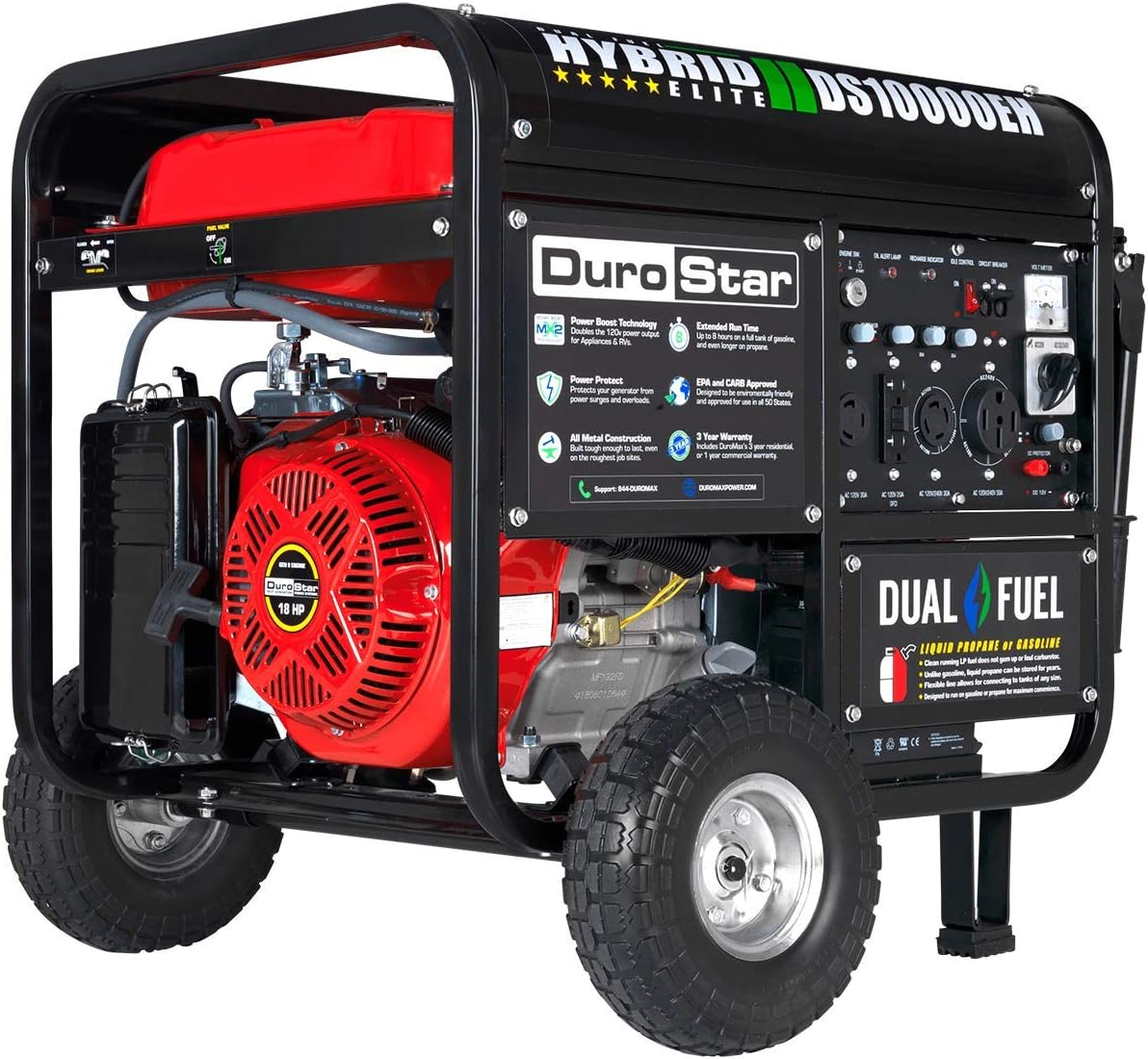 DS10000EH Dual Fuel Portable Generator-10000 Watt Electric Start-Home Back Up & RV Ready, 50 State Approved, Red/Black