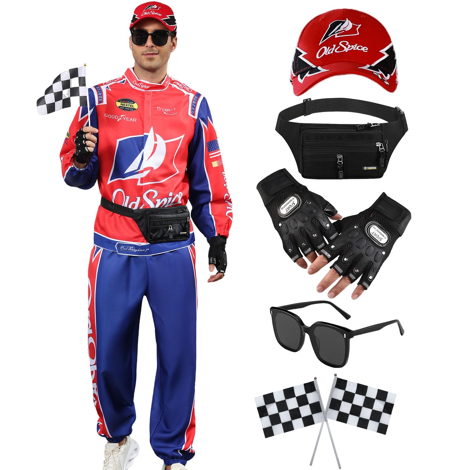 kakufunny 7 Pcs Race Car Driver Costume Adult Halloween Costume Racing Jumpsuit Full Cosplay Set Racing Costume